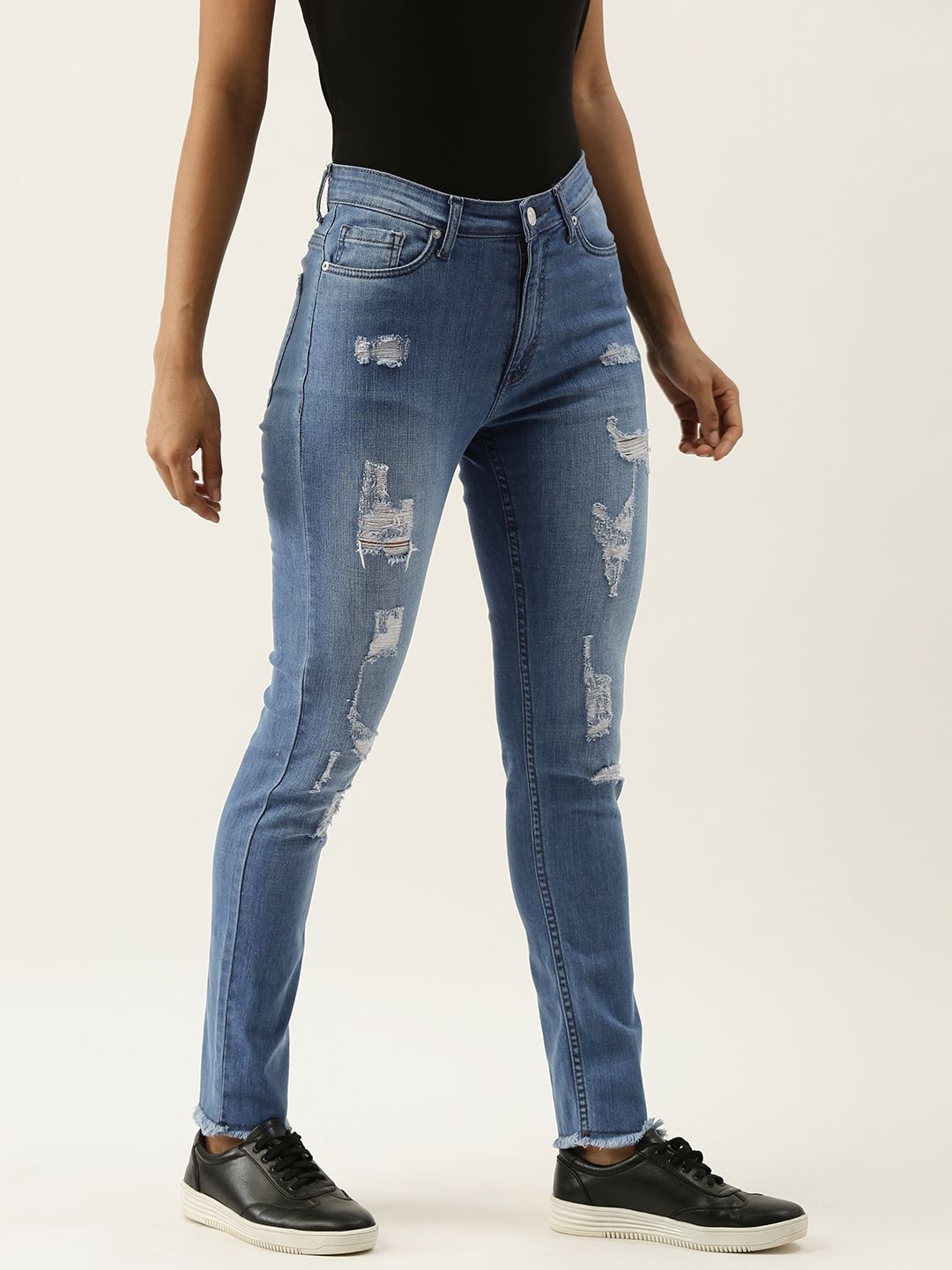 FOREVER 21 Women Blue Slim Fit Highly Distressed Light Fade Stretchable Jeans Price in India