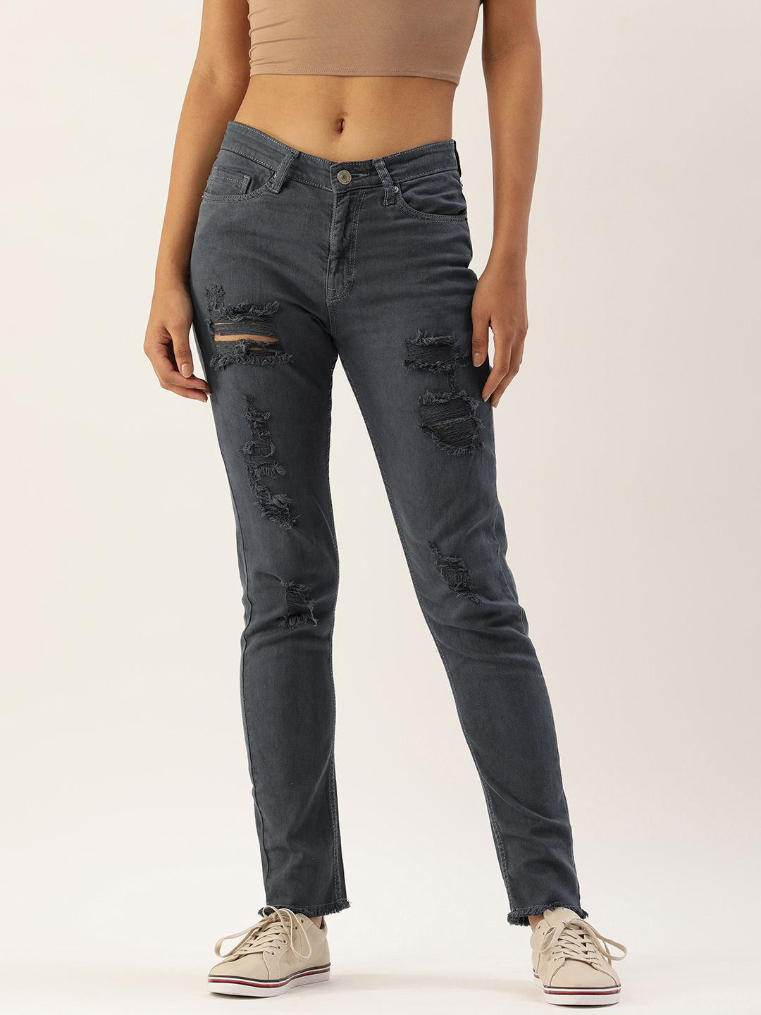 FOREVER 21 Women Grey Highly Distressed Stretchable Jeans Price in India
