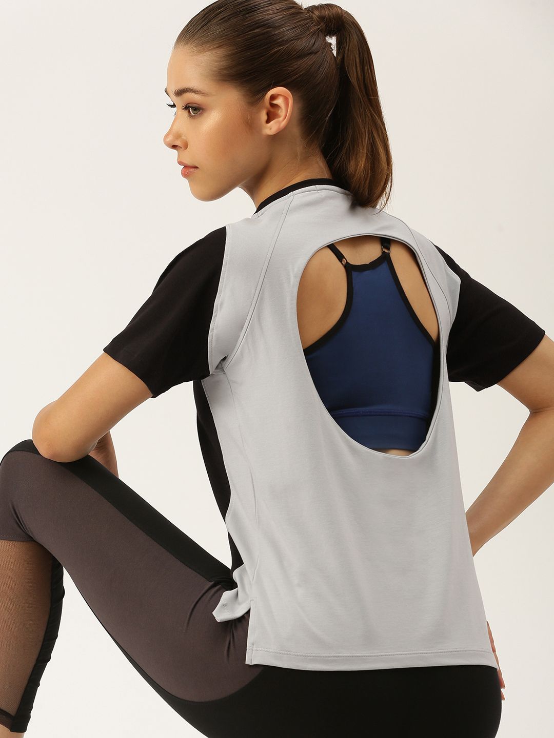 FOREVER 21 Black & Grey Colourblocked Styled Back Top
