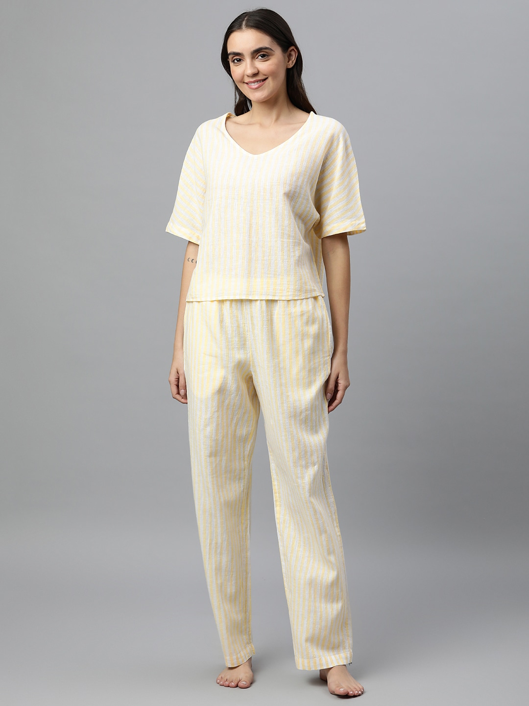 Marks & Spencer Women Yellow & White Striped Night suit Price in India