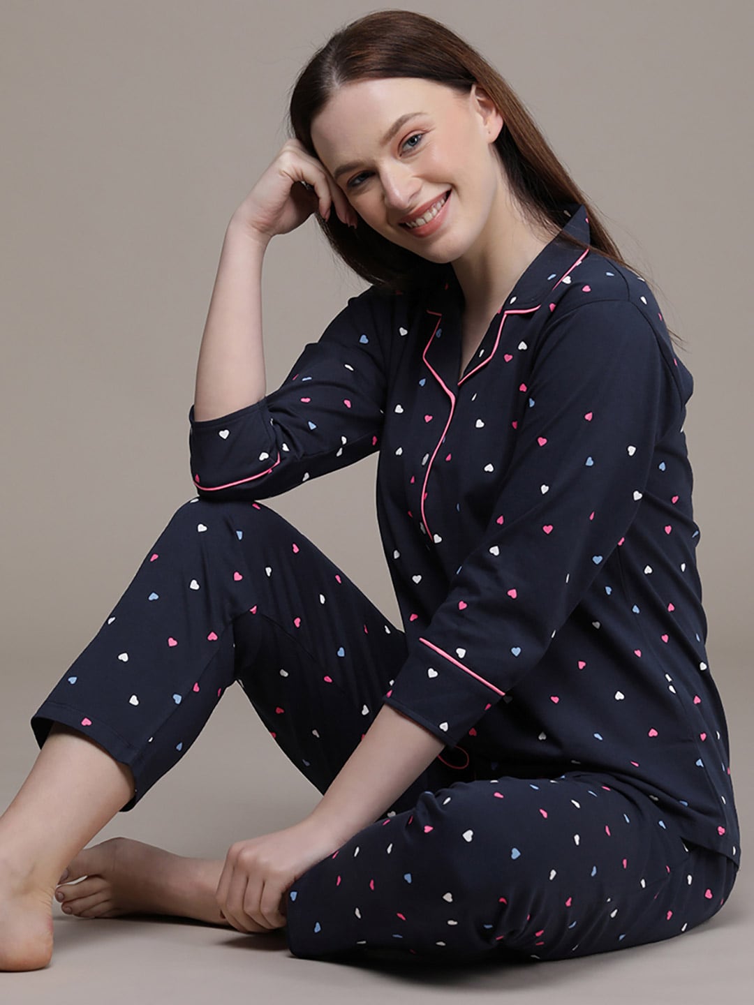 beebelle Women Navy Blue & Pink Printed Pure Cotton Night suit Price in India