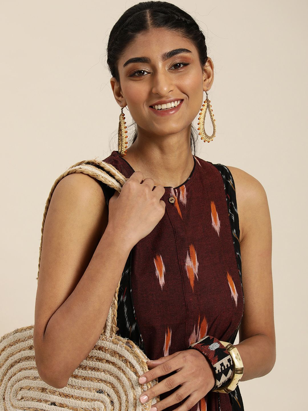 Taavi women Maroon Ikat A-Line Casual Maxi Dress Price in India
