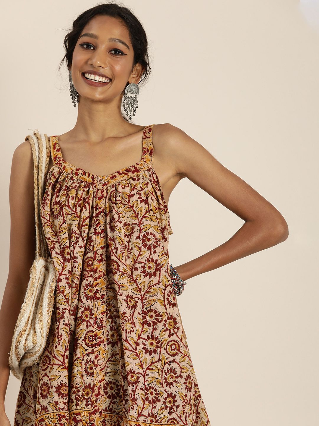 Taavi Women Maroon & Beige Kalamkari Printed Pure Cotton A-Line Sleeveless Top Price in India