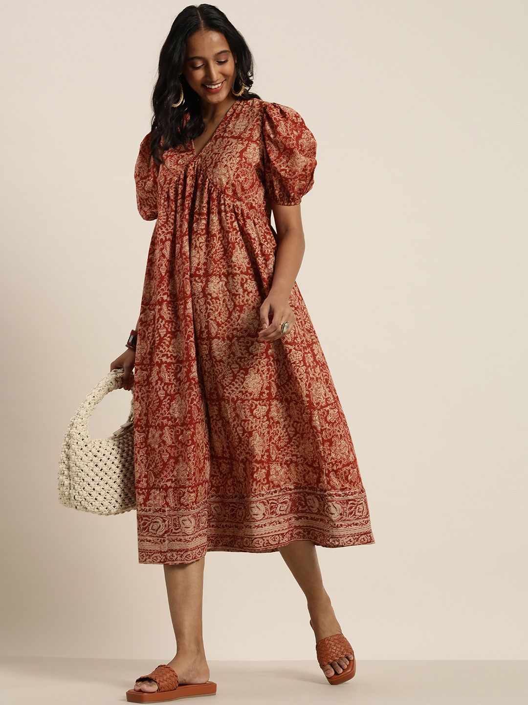 Taavi Women Maroon & Off White Kalamkari Printed Pure Cotton Empire Midi Dress Price in India