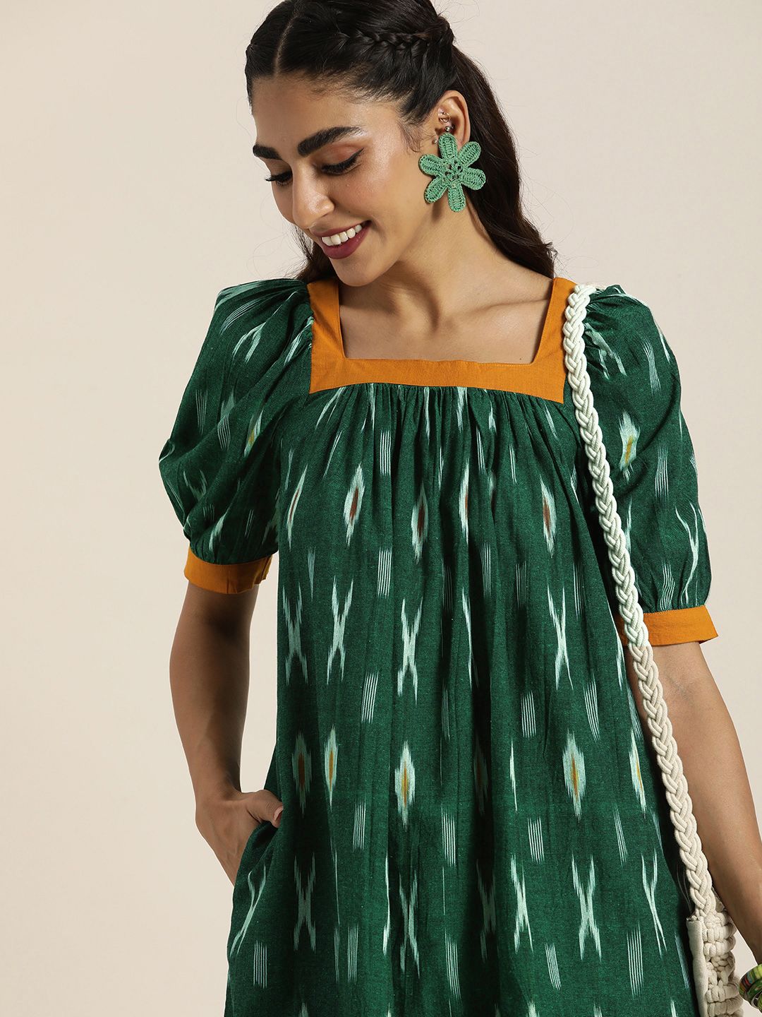 Taavi Green Ikat Printed Ethnic A-Line Dress Price in India