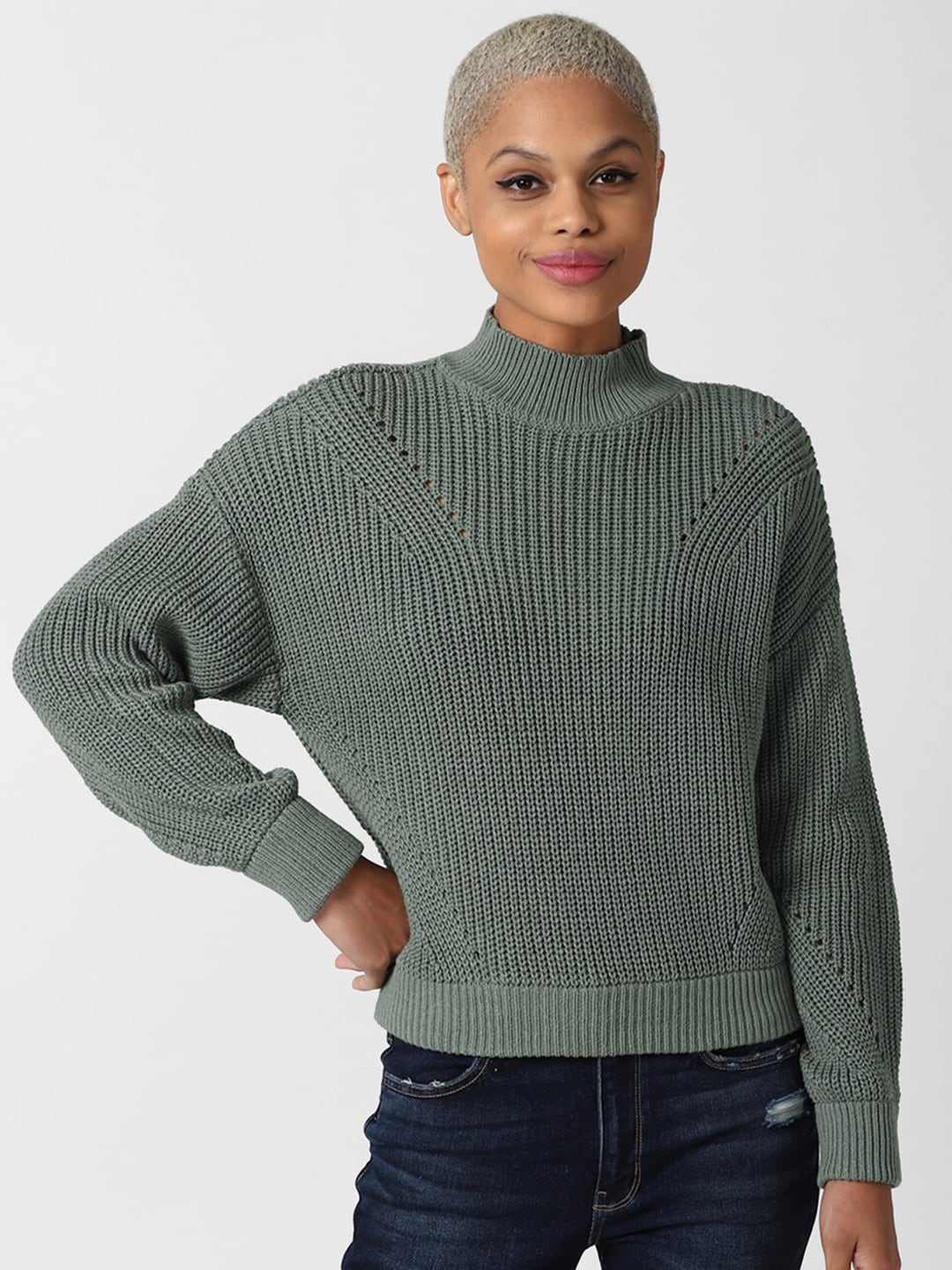 FOREVER 21 Women Olive Green Self Design Open Knitted Pullover Sweater Price in India