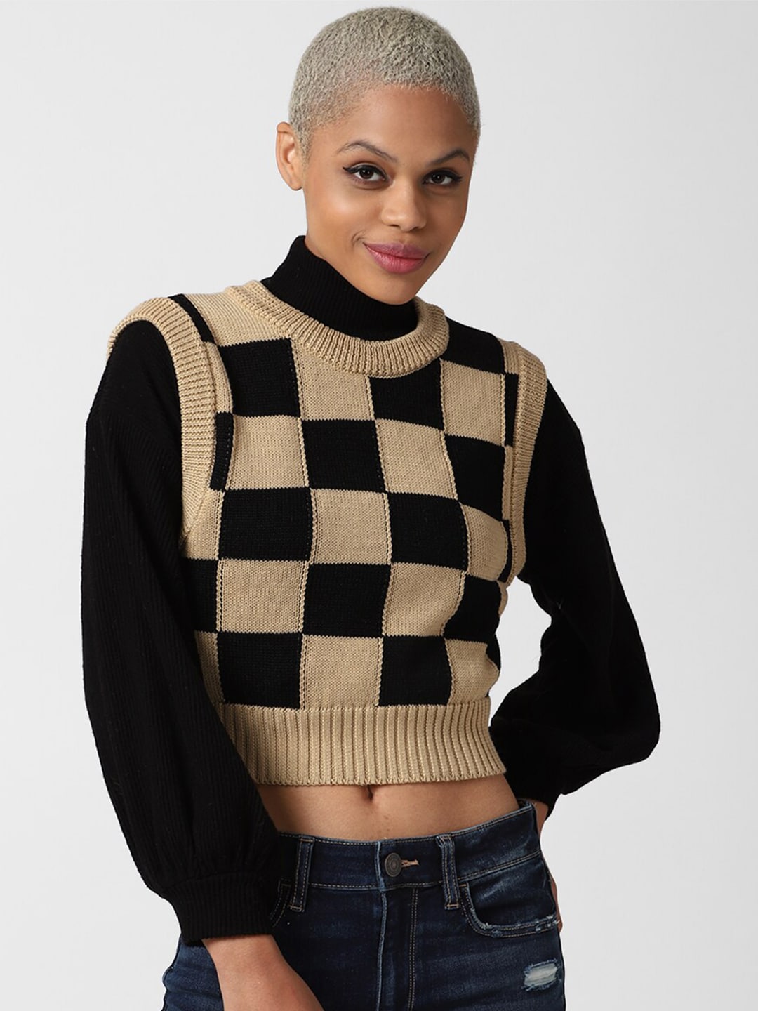 FOREVER 21 Women Black & Beige Checked Crop Pullover Price in India