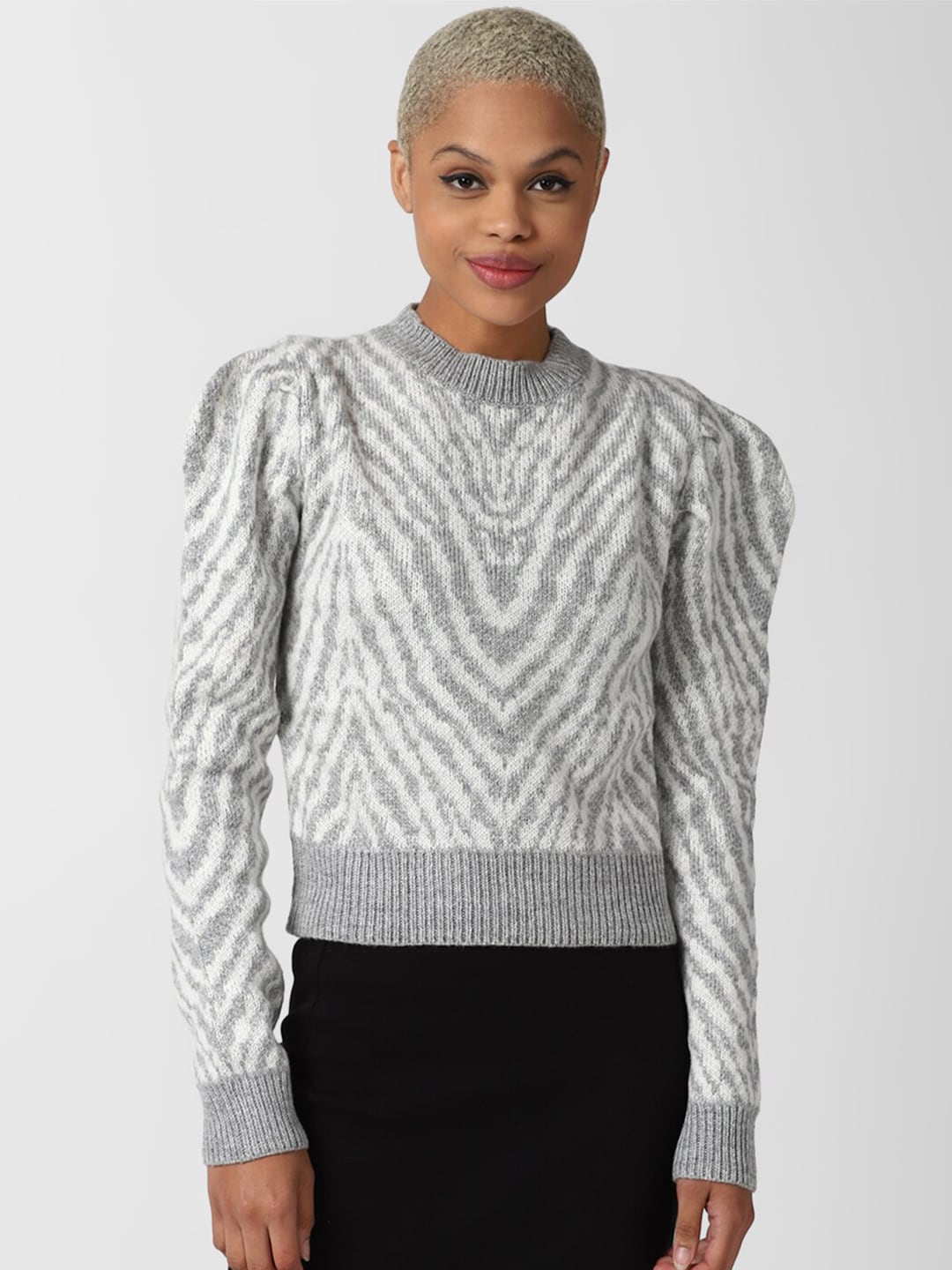 FOREVER 21 Women Grey & White Printed Pullover Sweater Price in India