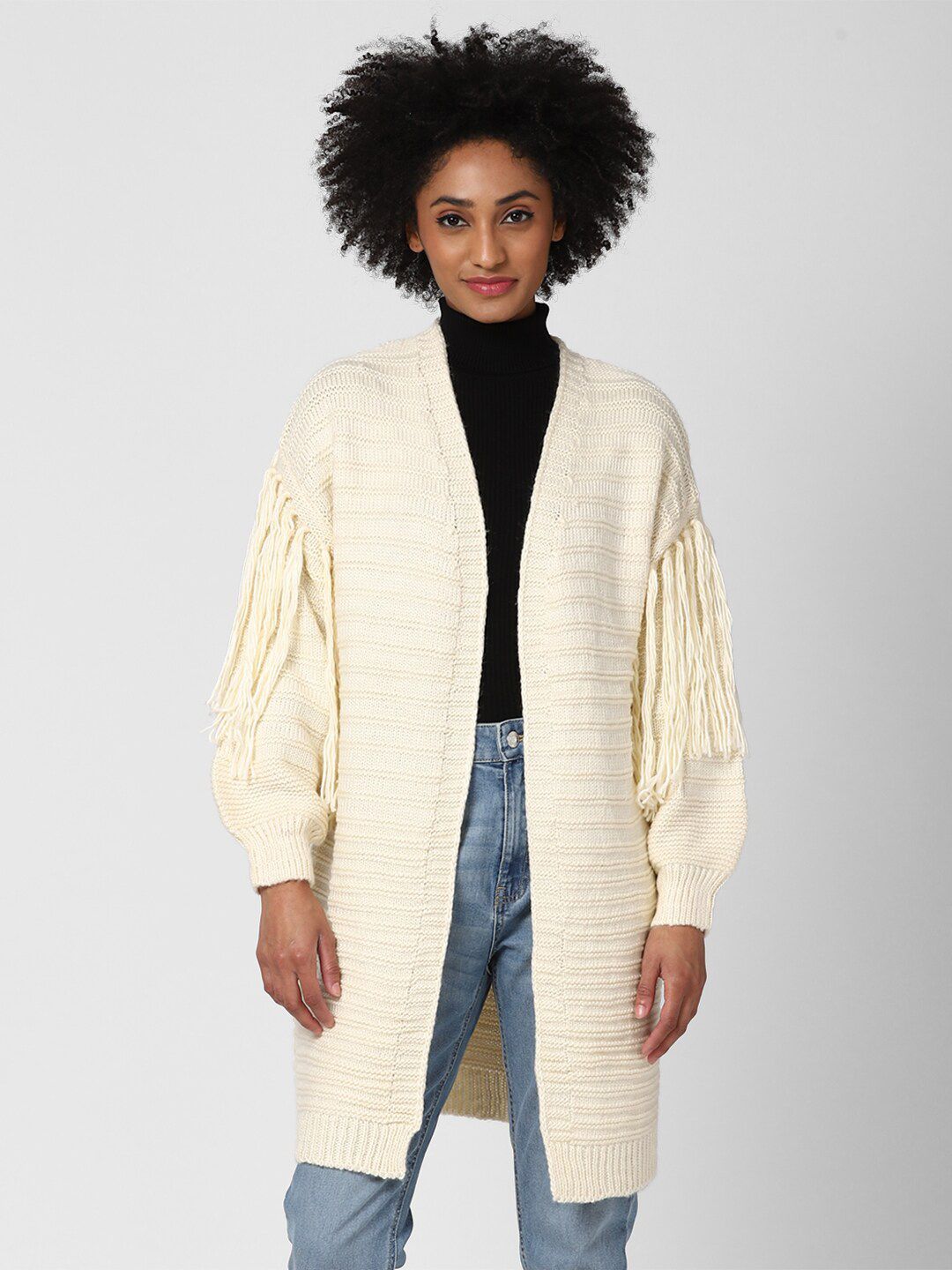 FOREVER 21 Women Cream-Coloured with Fringed Detail Textured Regular Sweater Price in India