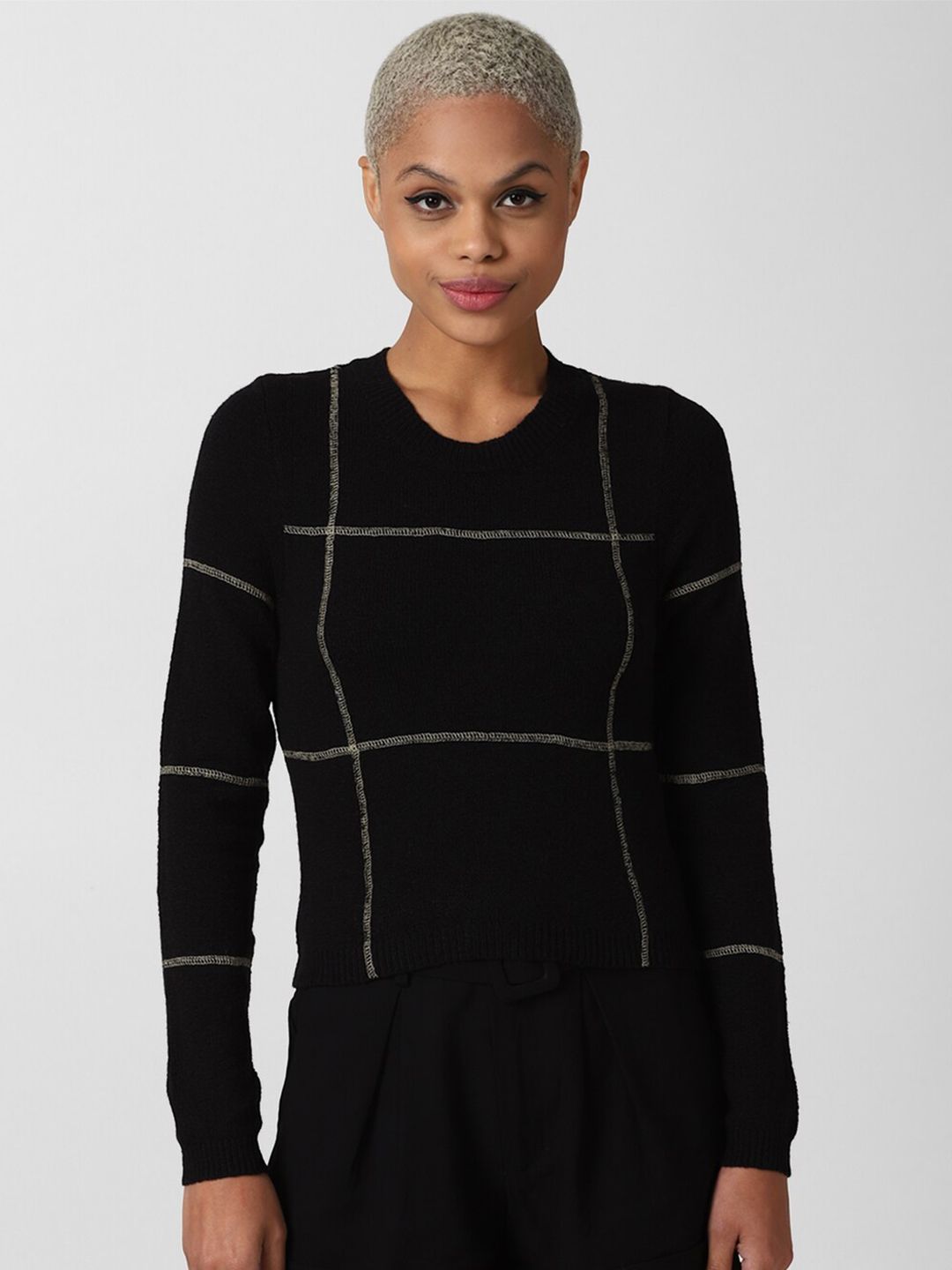 FOREVER 21 Women Black & Grey Checked Fitted Pullover Price in India