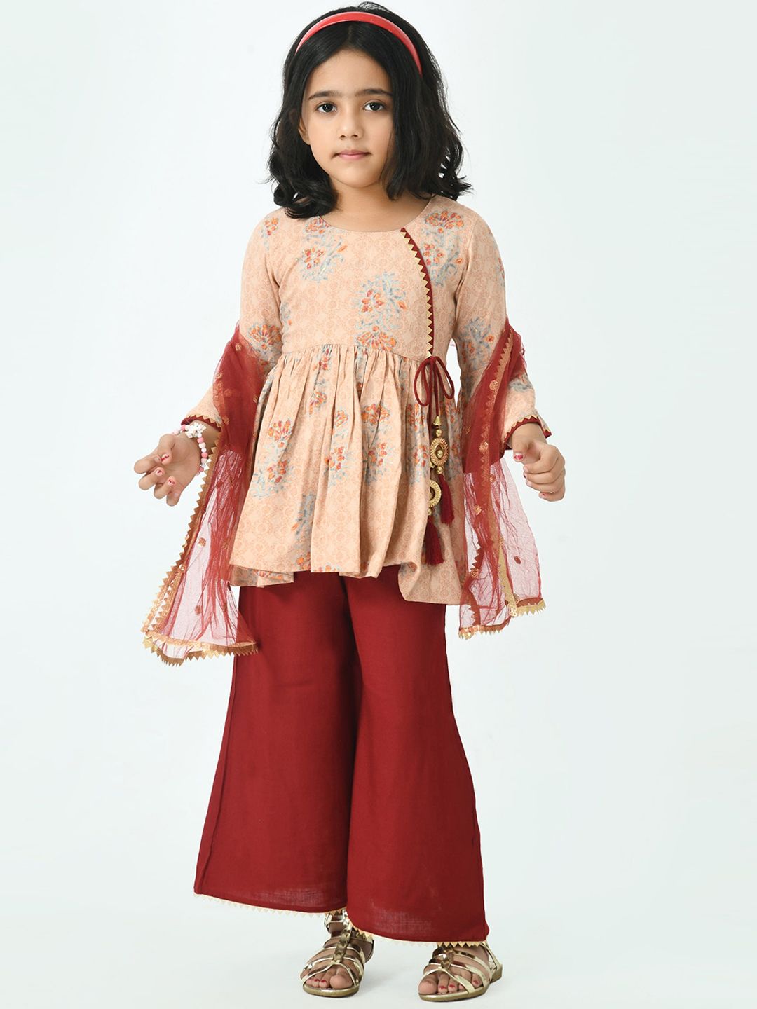 Muffin Shuffin Girls Peach-Coloured Floral Printed Panelled Kurti with Palazzos & With Dupatta