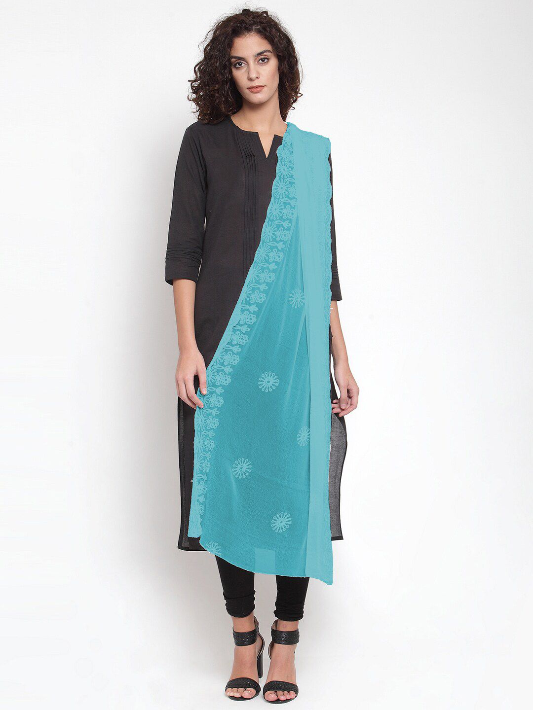 mf Turquoise Blue Ethnic Motifs Embroidered Thread Work Chiffon Dupatta Price in India