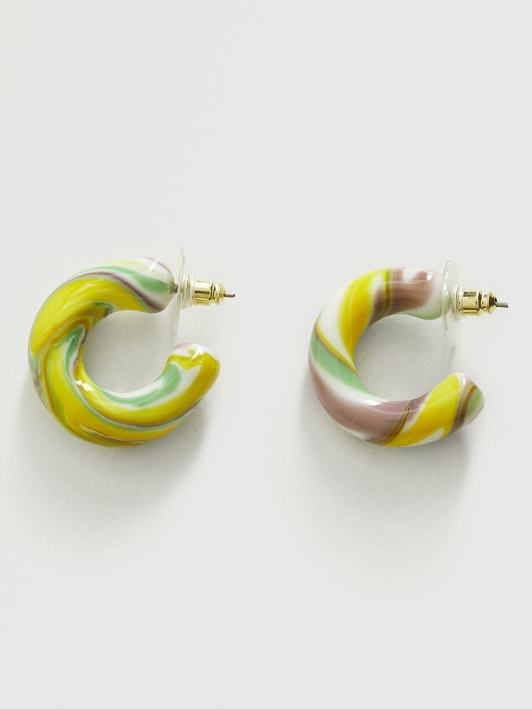 MANGO Green & Yellow Printed Crescent Shaped Half Hoop Earrings Price in India