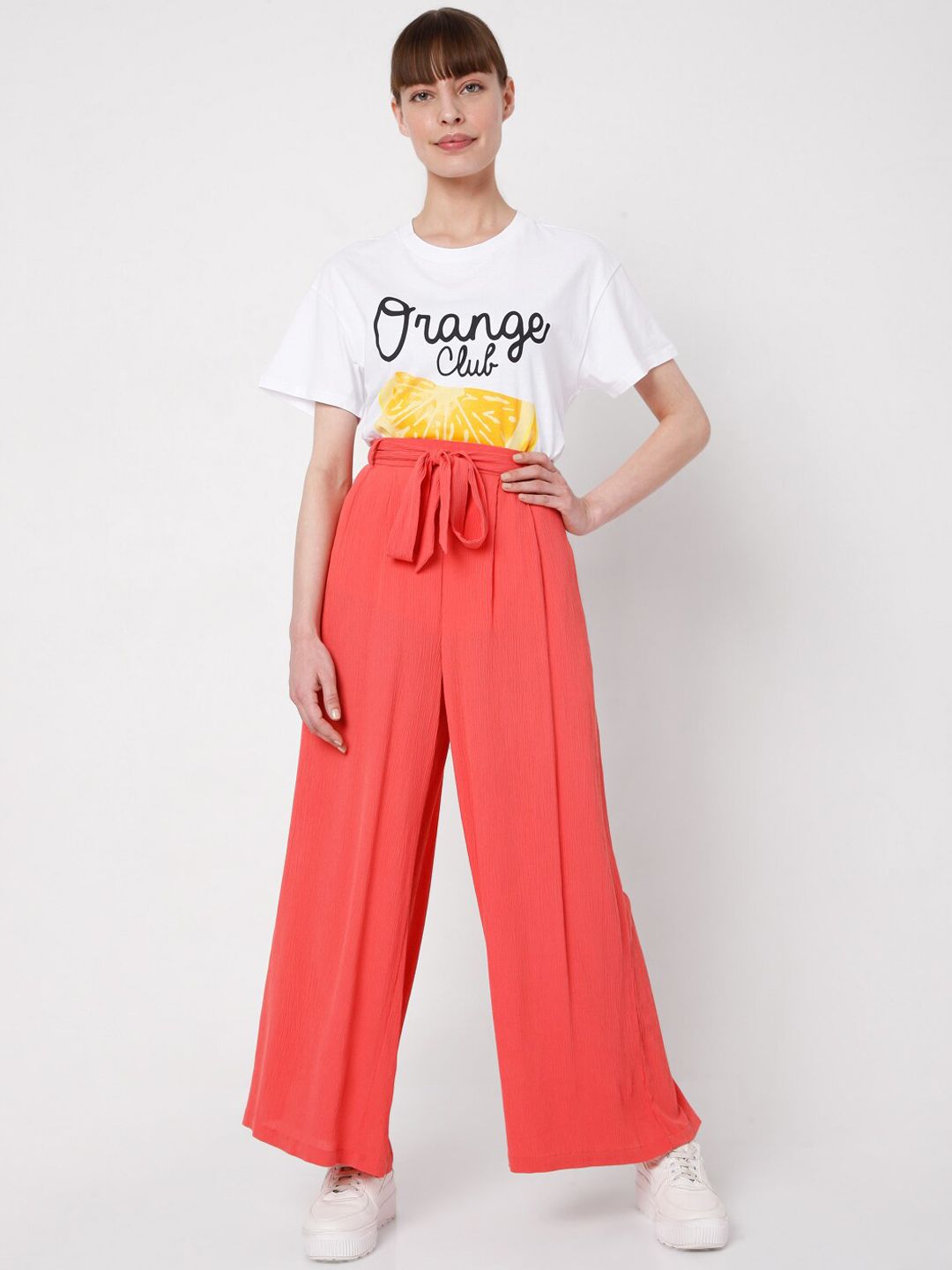 Vero Moda Women Coral Red Flared High-Rise Trousers Price in India