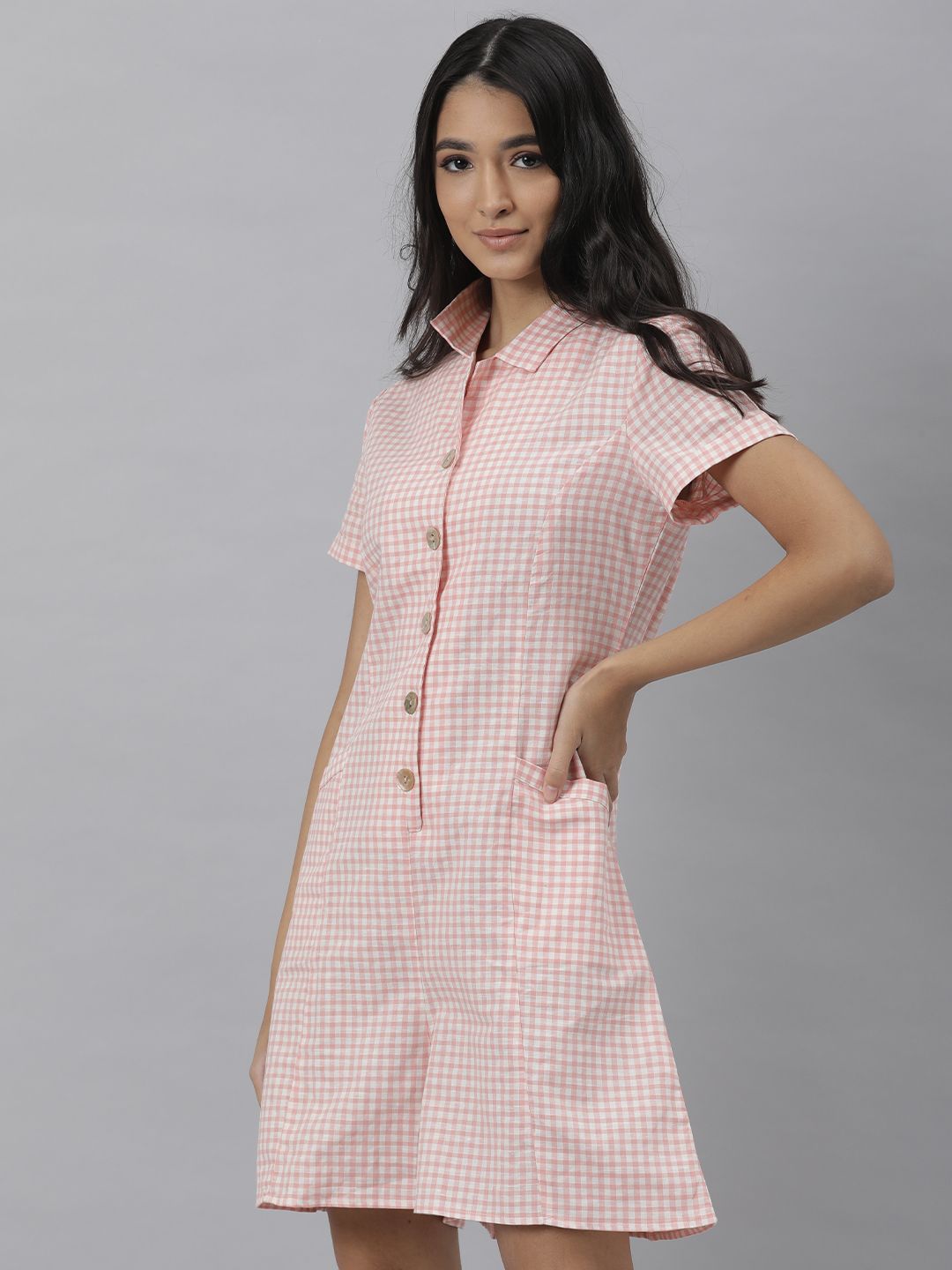 RAREISM Peach-Coloured & White Checked Jumpsuit Price in India