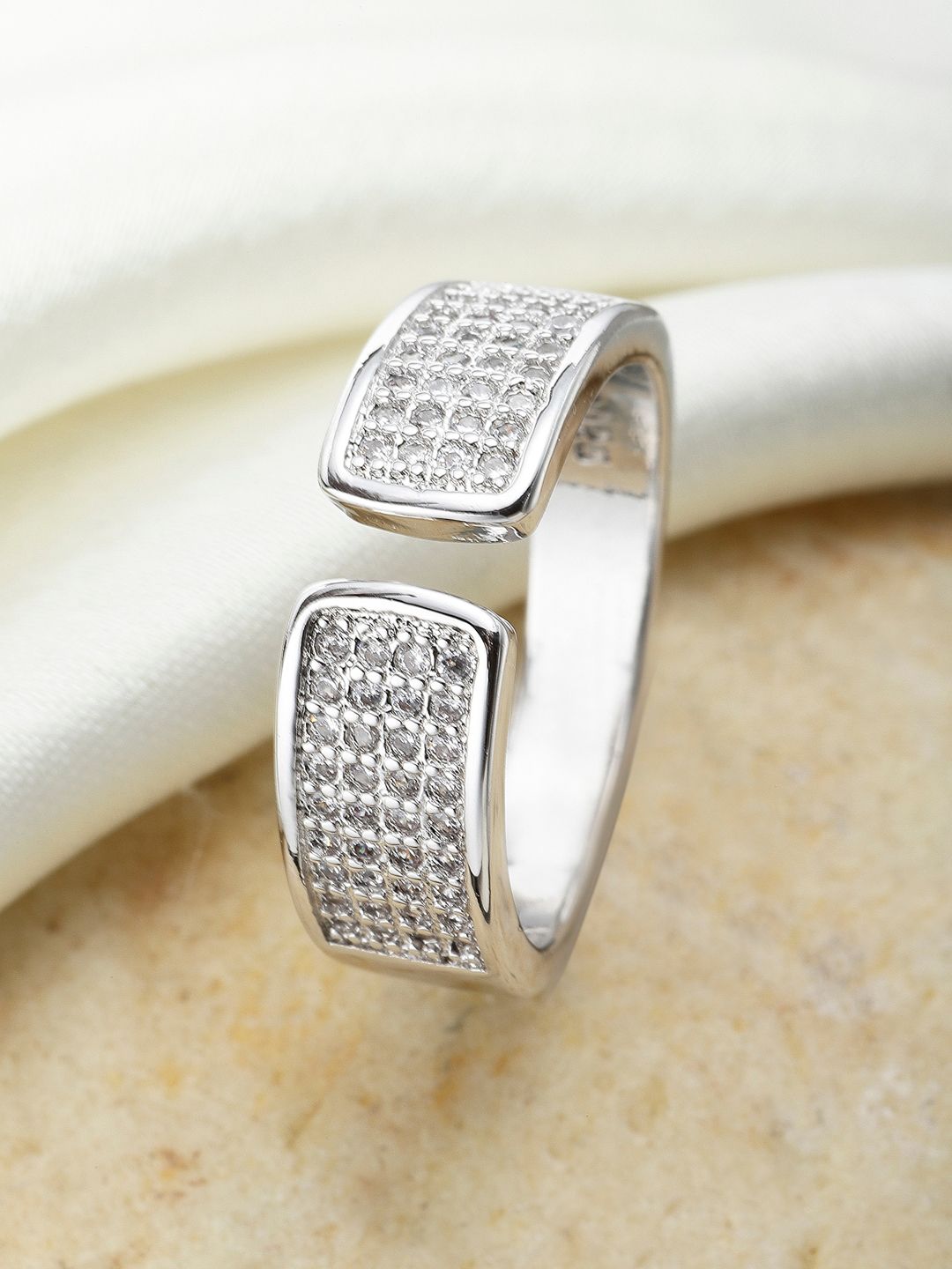 KARATCART Silver-Plated & White AD Stone Studded Adjustable Finger Ring Price in India