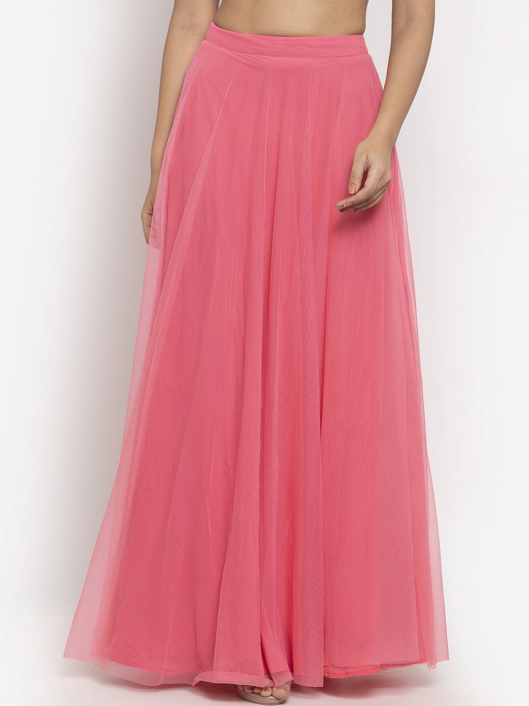 Just Wow Women Pink Solid Net Flared Maxi Skirt