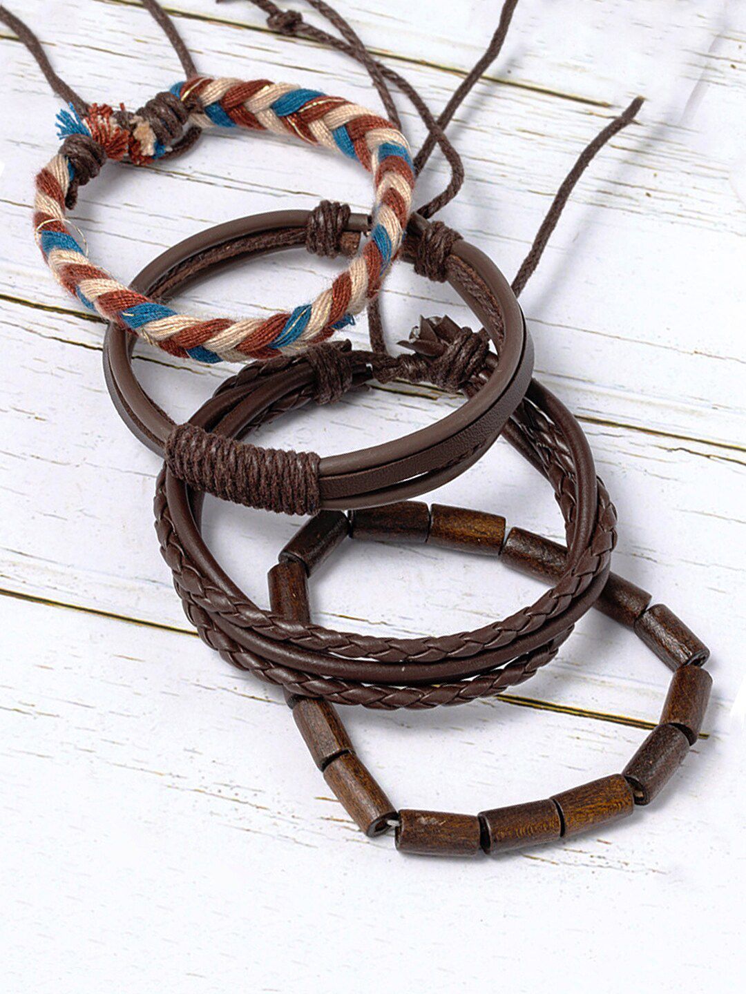 Yellow Chimes Unisex Pack of 4 Brown & Cream-Coloured Leather Wraparound Bracelet Price in India
