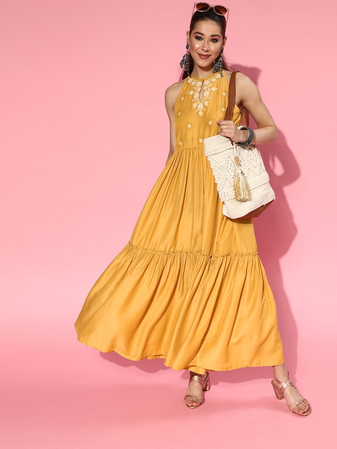 Os Women Chic Mustard Solid Tiered Dress Price in India