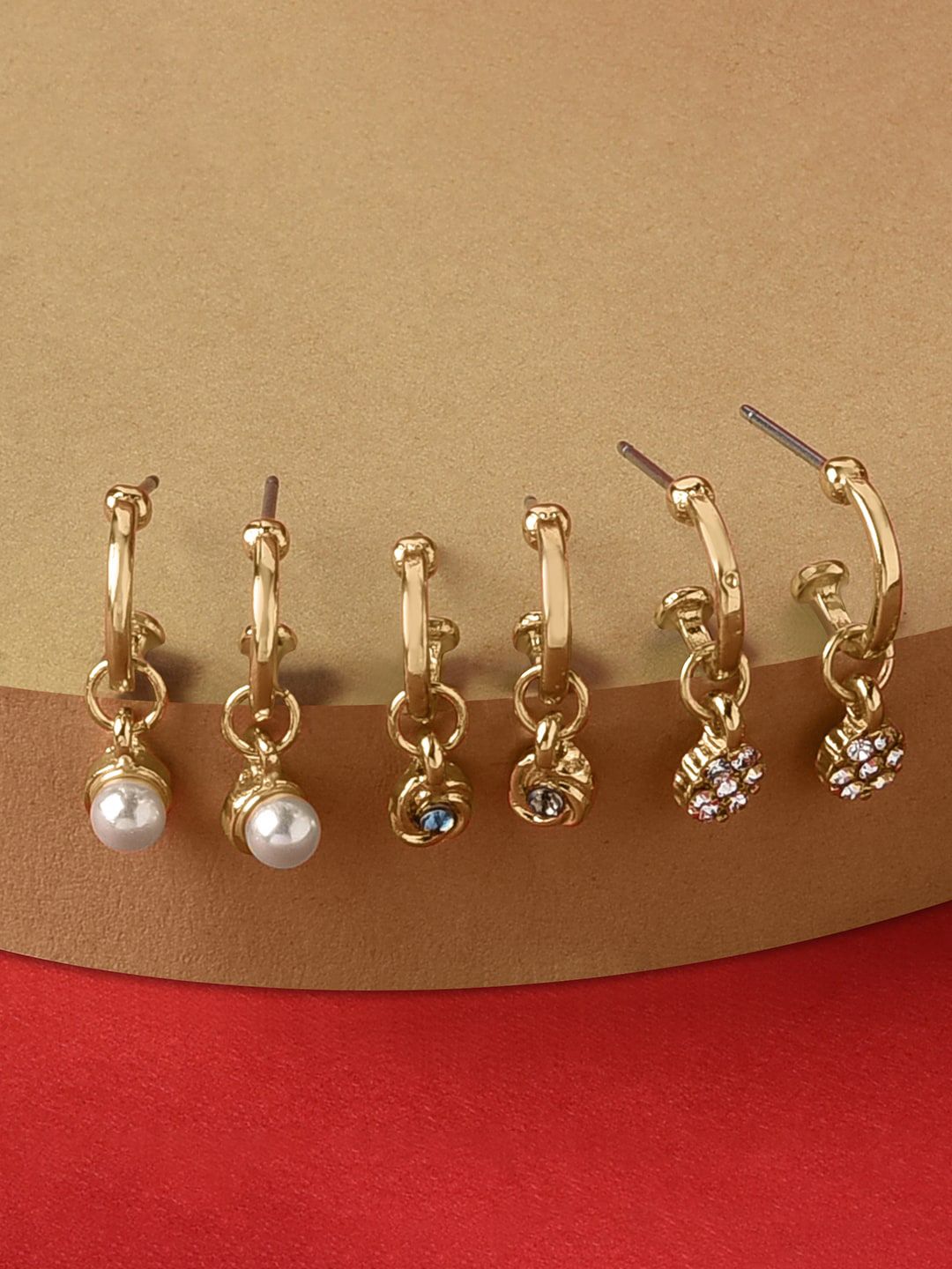 Accessorize Women Gold-Toned Harvest Set Of 3 Pearl Huggie Hoop Earrings Price in India