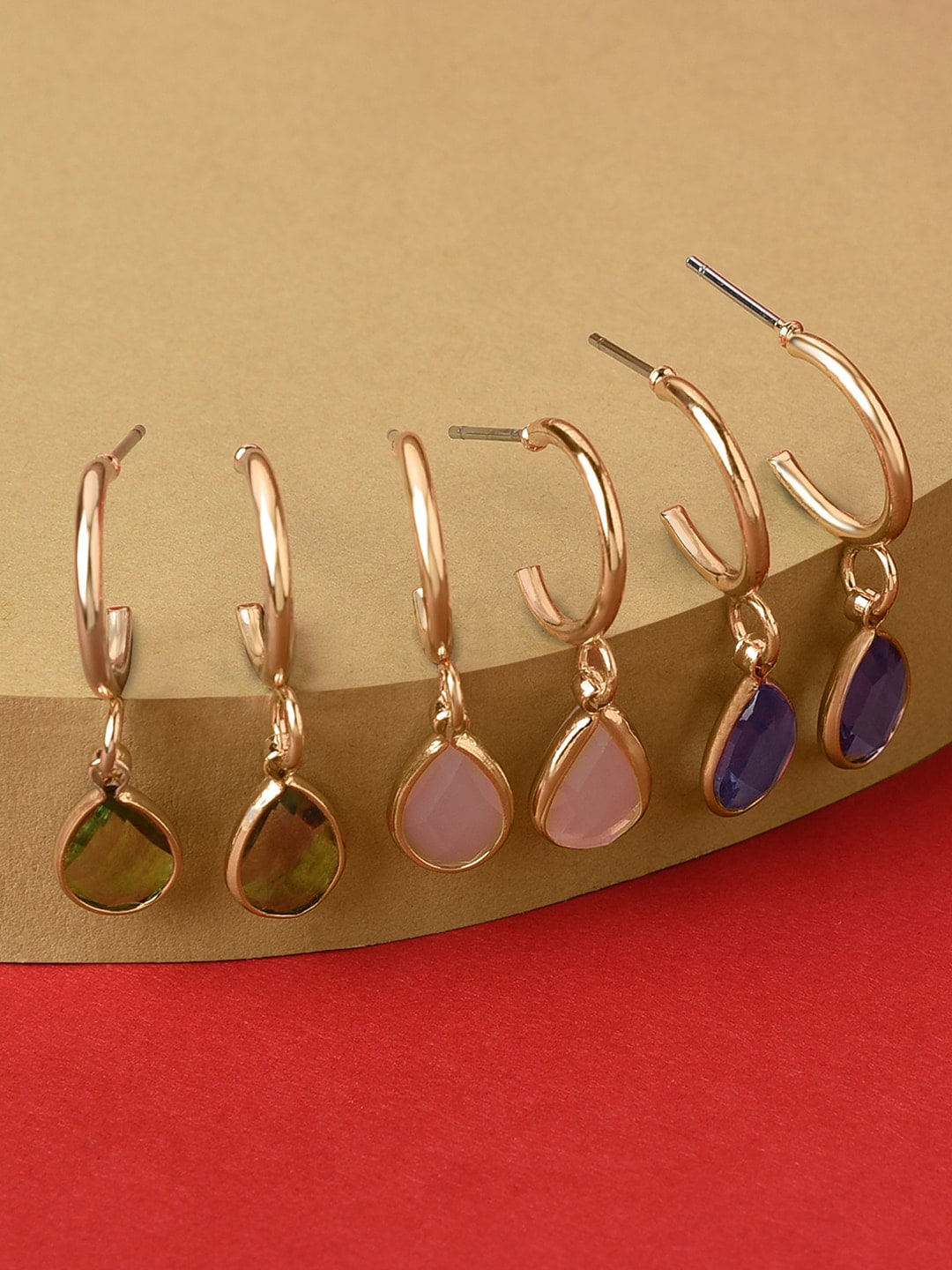 Accessorize Women Set Of 3 Gold-Toned Blue Harvest Crystal Huggie Hoop Earrings Price in India