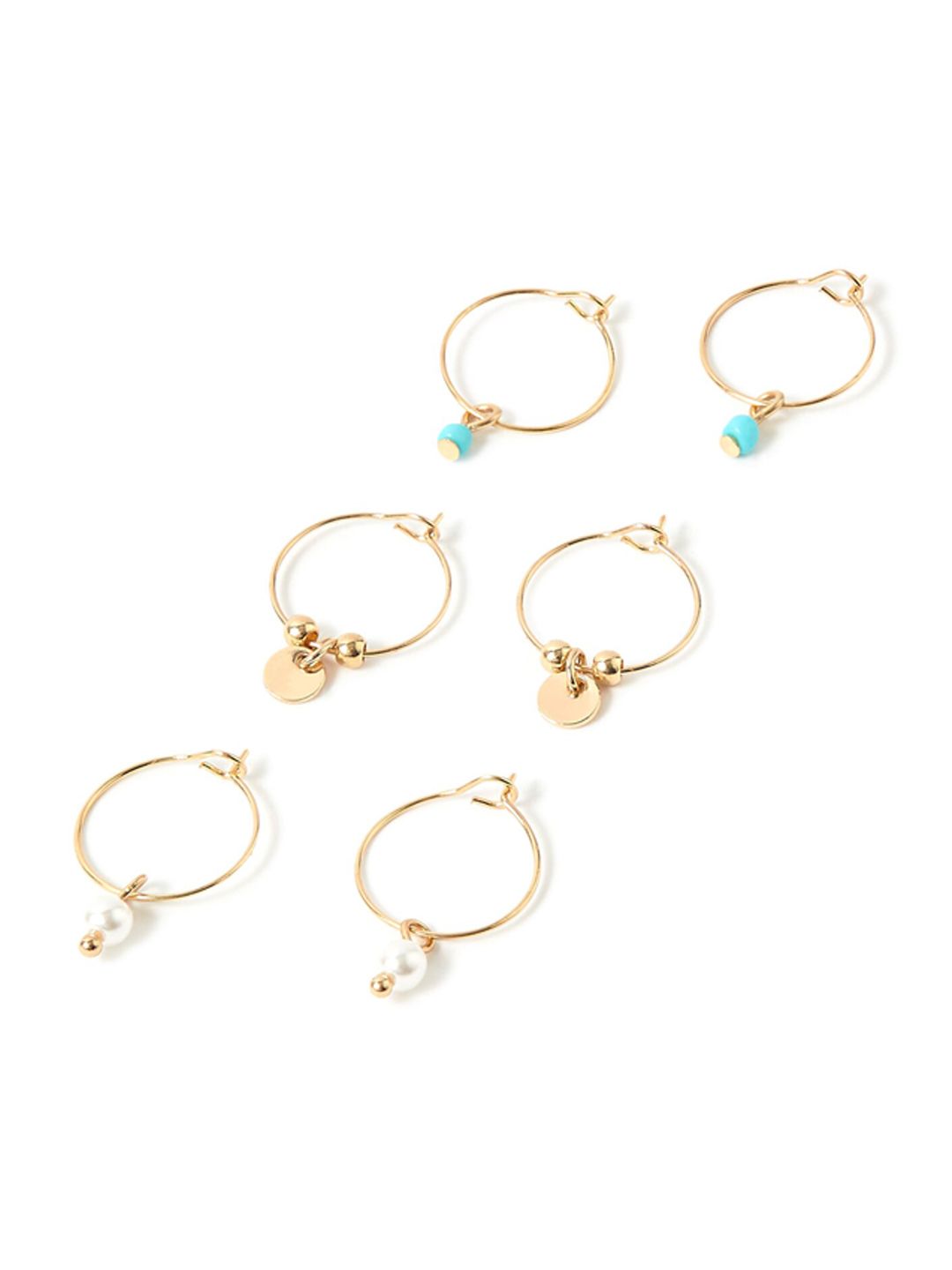 Accessorize Women Set Of 3 Gold-Toned Turquoise & Pearl Hoop Earrings Price in India
