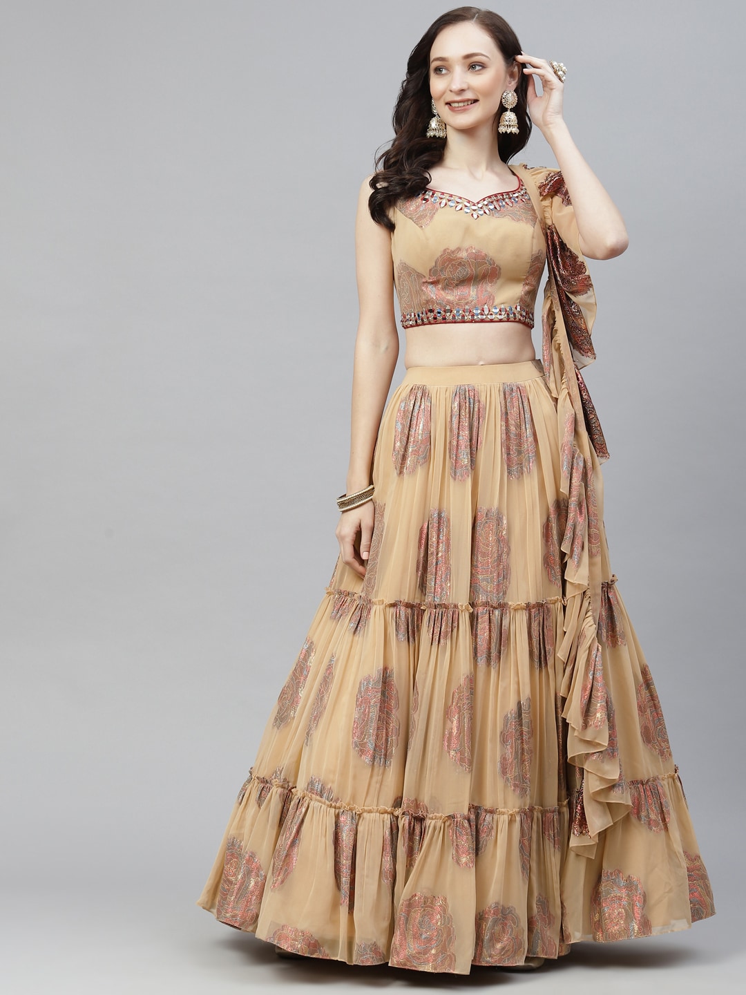 Readiprint Fashions Women Beige Mirror Work Unstitched Lehenga & Blouse With Dupatta Price in India