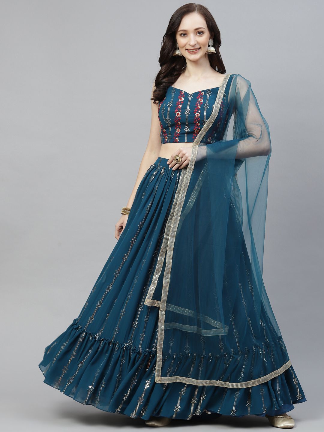 Readiprint Fashions Teal & Gold-Toned Embroidered Unstitched Lehenga & Blouse With Dupatta Price in India