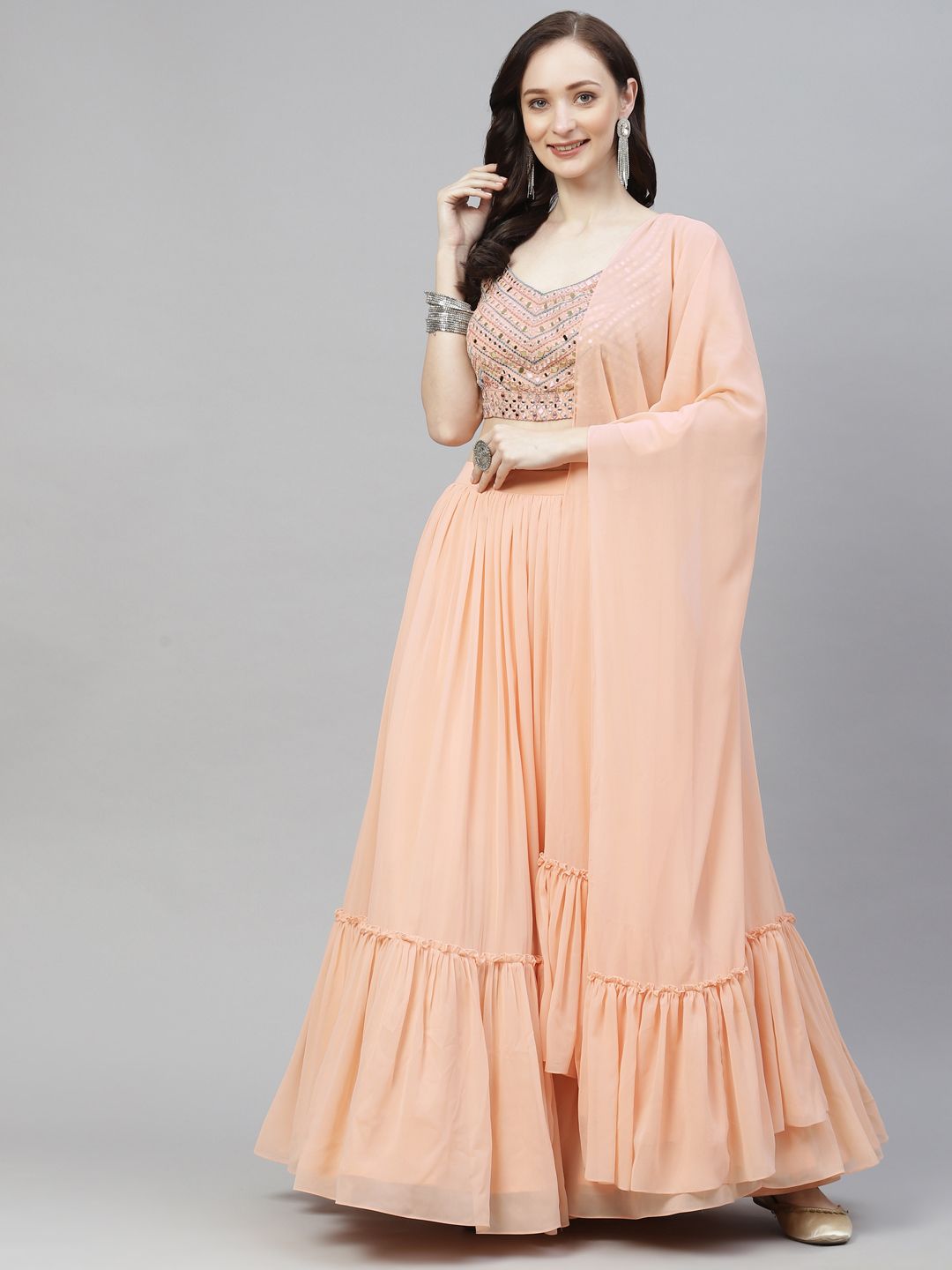 Readiprint Fashions Women Peach Orange Mirror Work Unstitched Lehenga & Blouse Dupatta Price in India