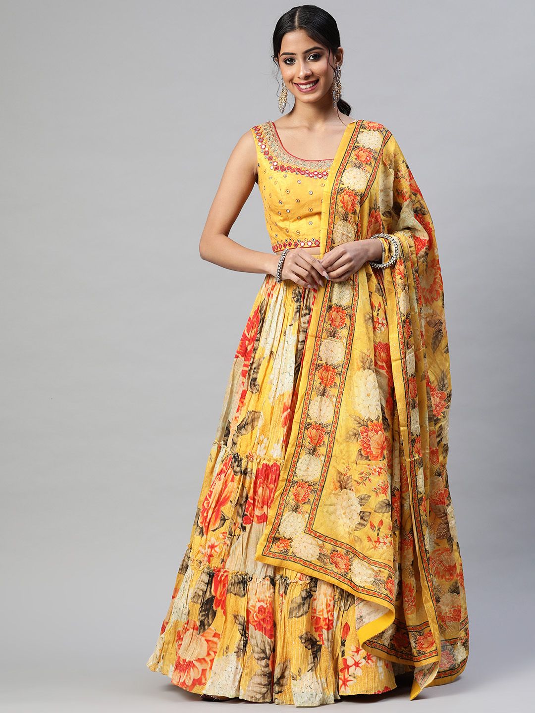 Readiprint Fashions Orange & Yellow Embroidered Mirror Work Unstitched Lehenga & Blouse With Dupatta Price in India