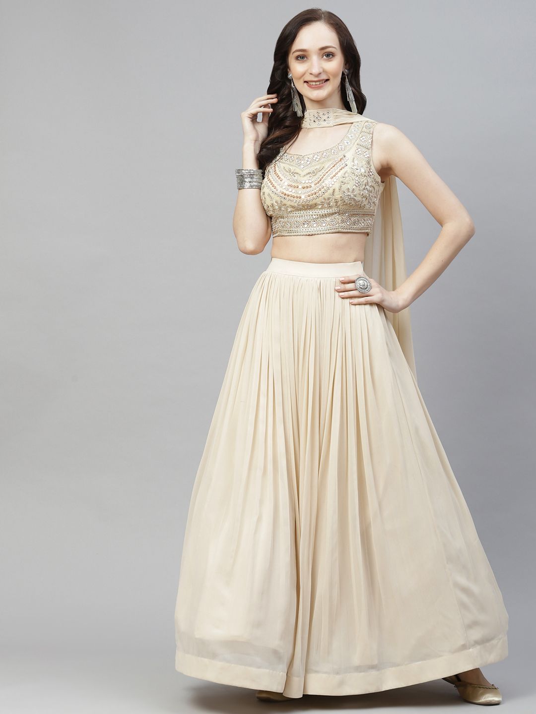 Readiprint Fashions Cream-Coloured & Silver Zari Unstitched Lehenga & Blouse Dupatta Price in India