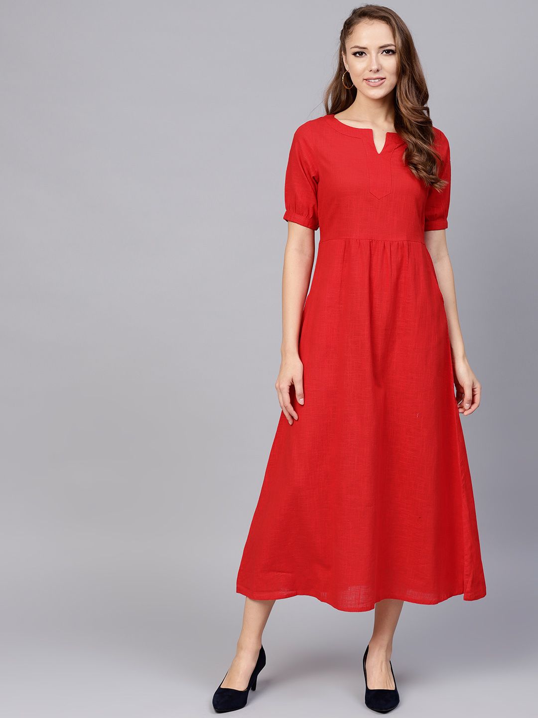 Jaipur Kurti Women Red Solid Midi A-Line Dress