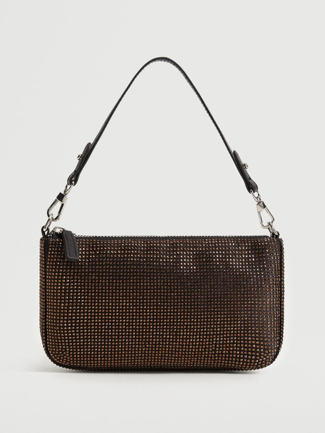 MANGO Black & Coffee Brown Embellished Structured Baguette Shoulder Bag Price in India