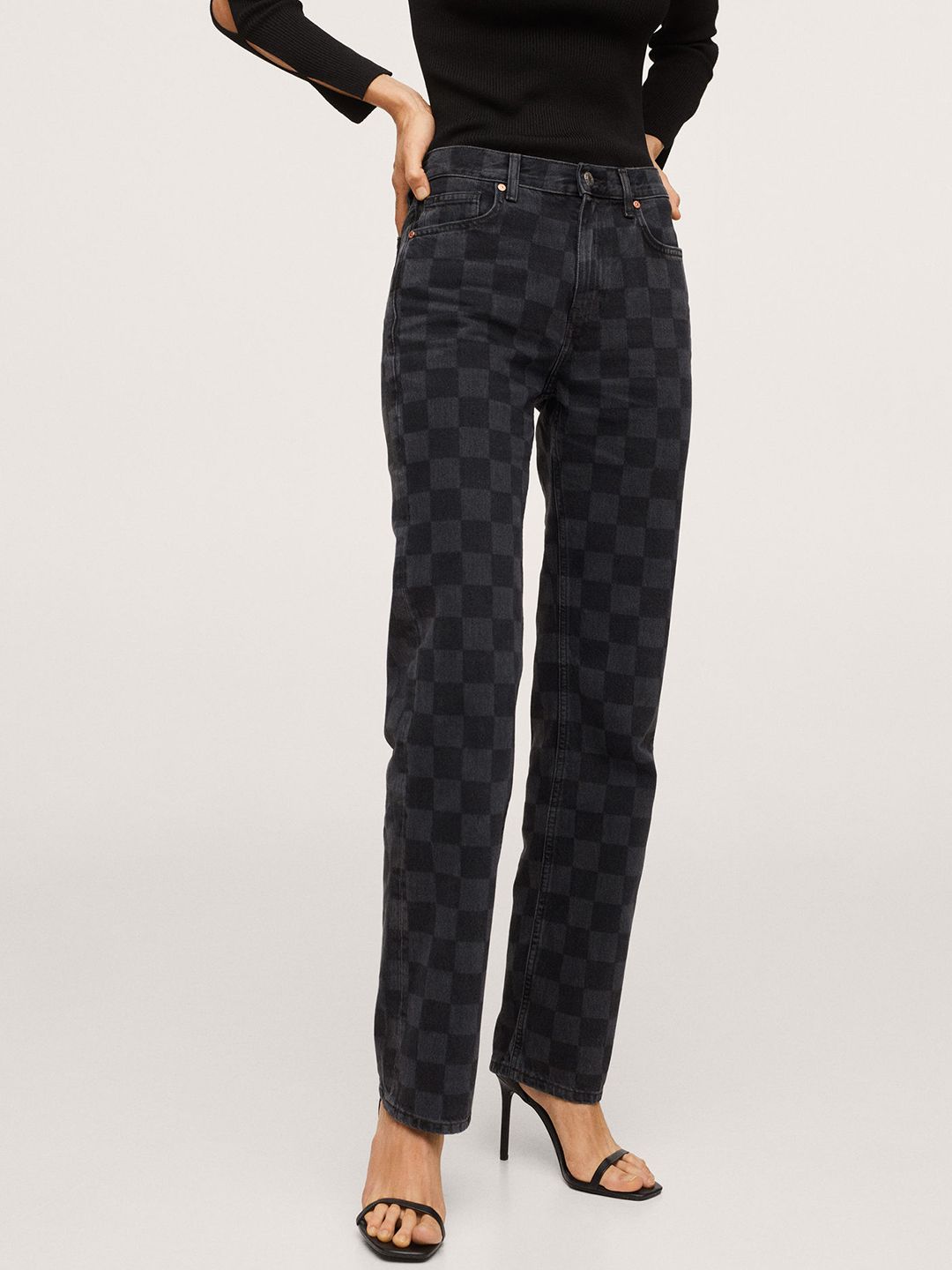 MANGO Women Black & Charcoal Grey Pure Cotton Checked Straight Fit Jeans Price in India