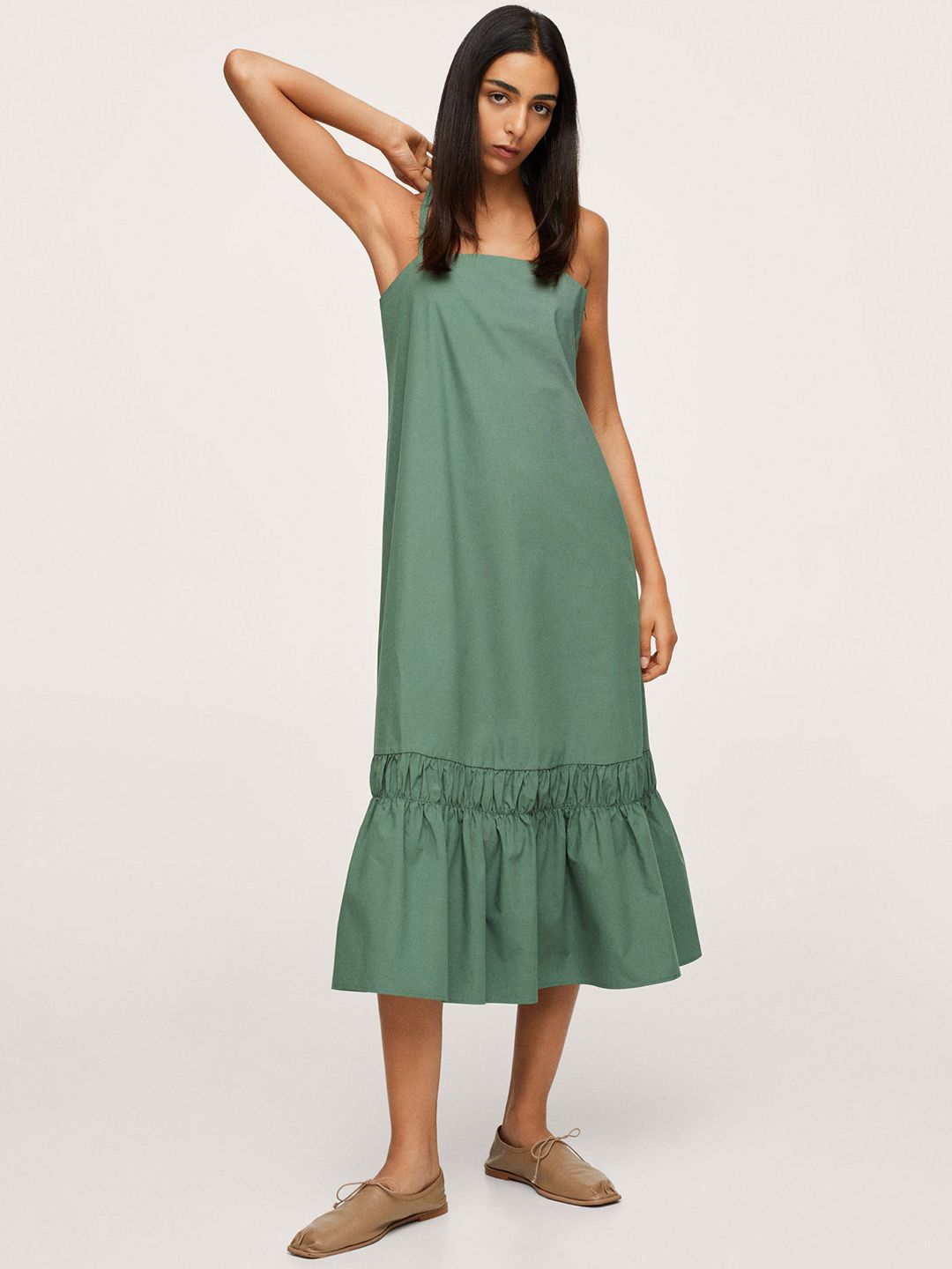 MANGO Green Pure Cotton Solid Midi A-Line Dress Price in India