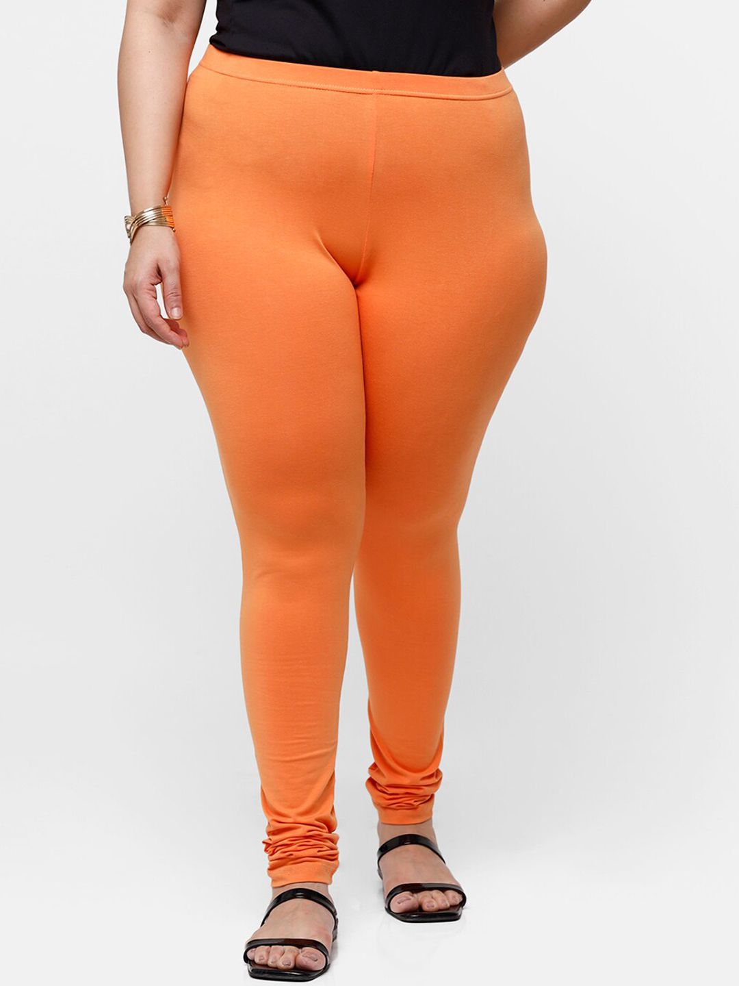 De Moza Women Orange Solid Cotton Churidar-Length Leggings Price in India