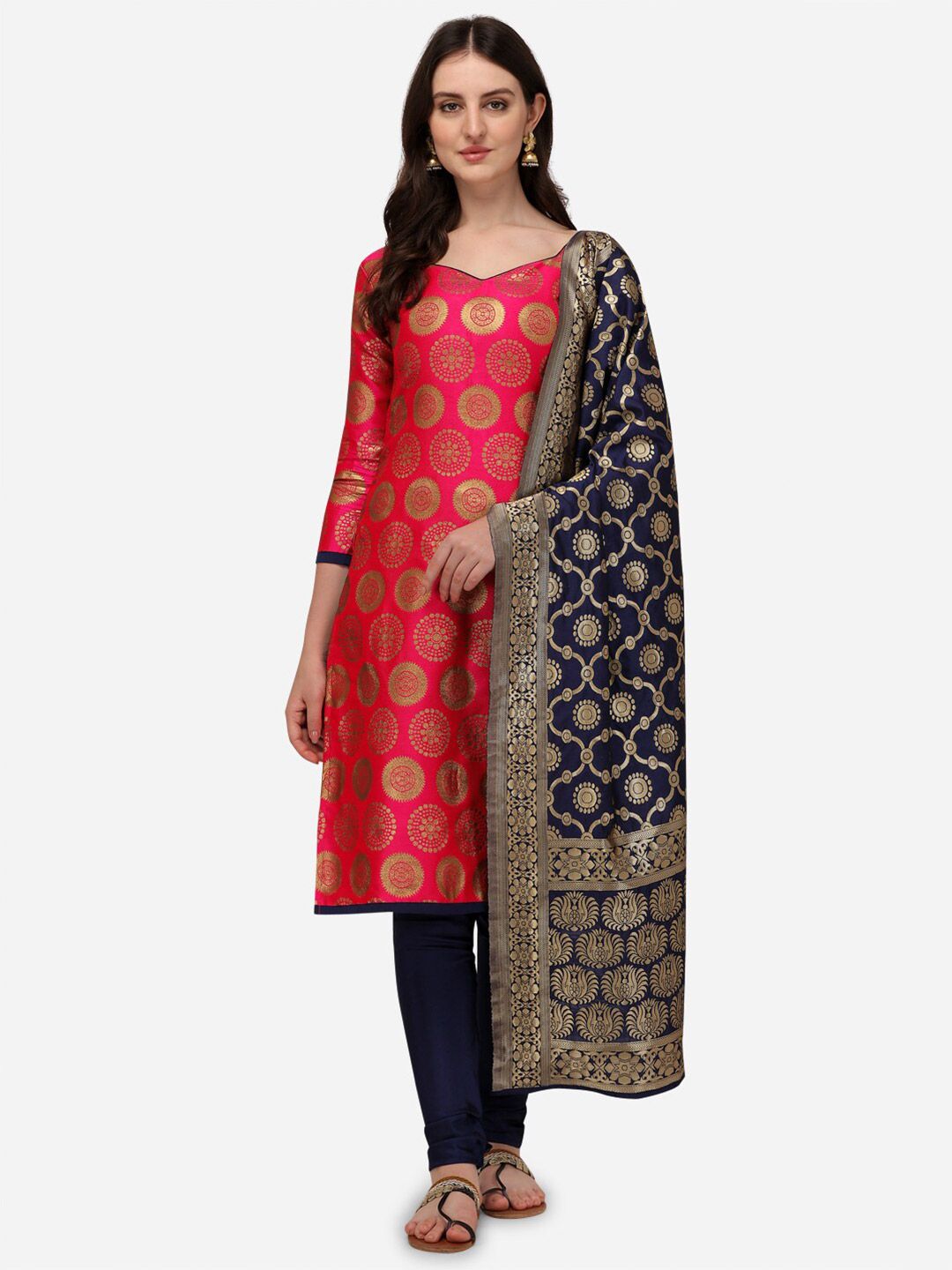 SATYAM WEAVES Red & Navy Blue Ethnic Motif Woven Design Unstitched Dress Material Price in India