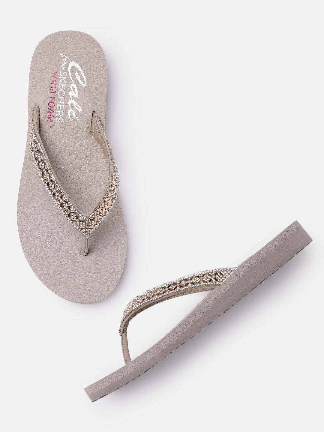 Skechers Women Taupe Embellished T-Strap Flats Price in India