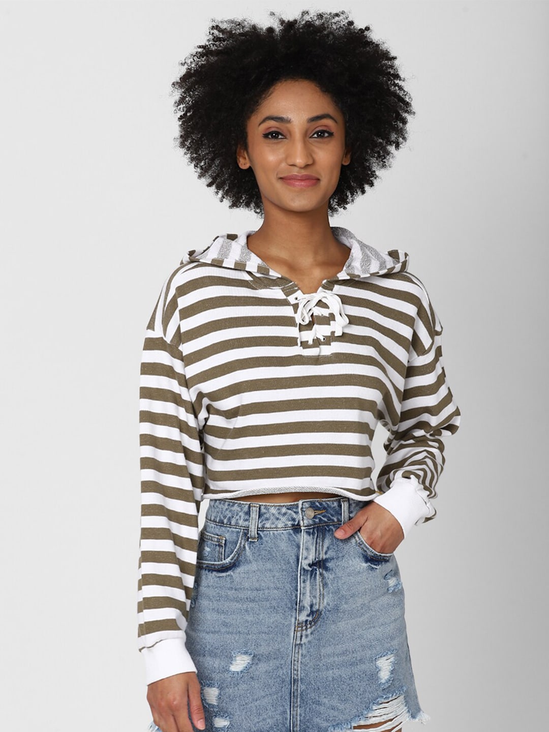 FOREVER 21 Women Brown Striped Hooded Sweatshirt Price in India