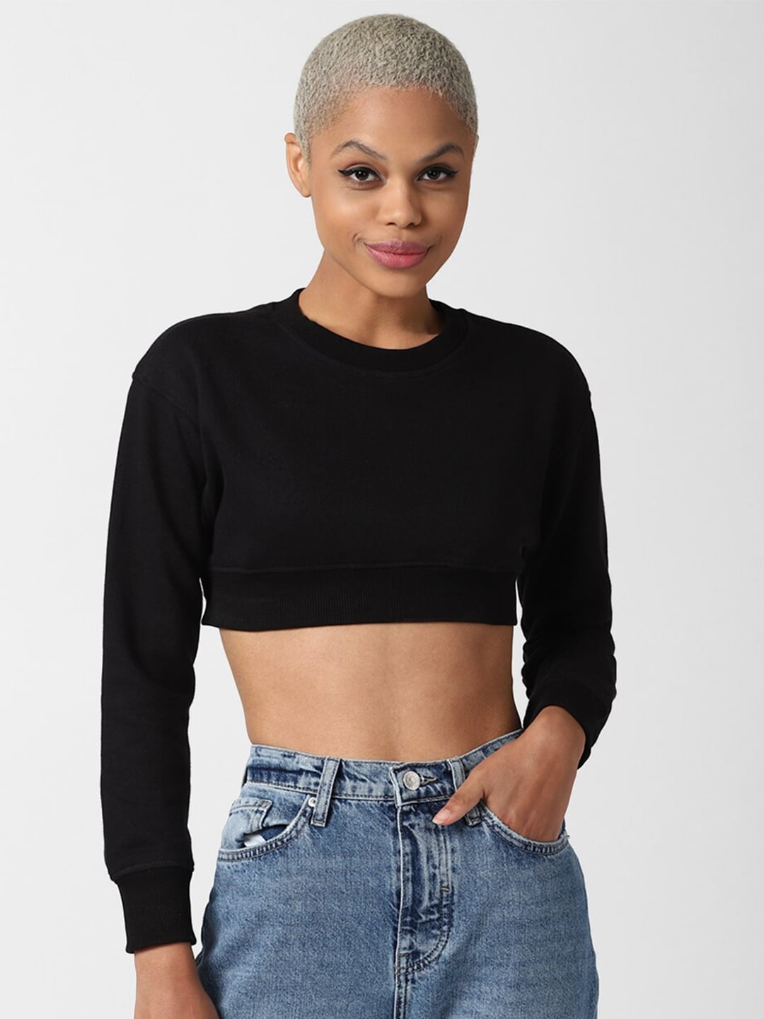 FOREVER 21 Women Black Cropped Sweatshirt Price in India