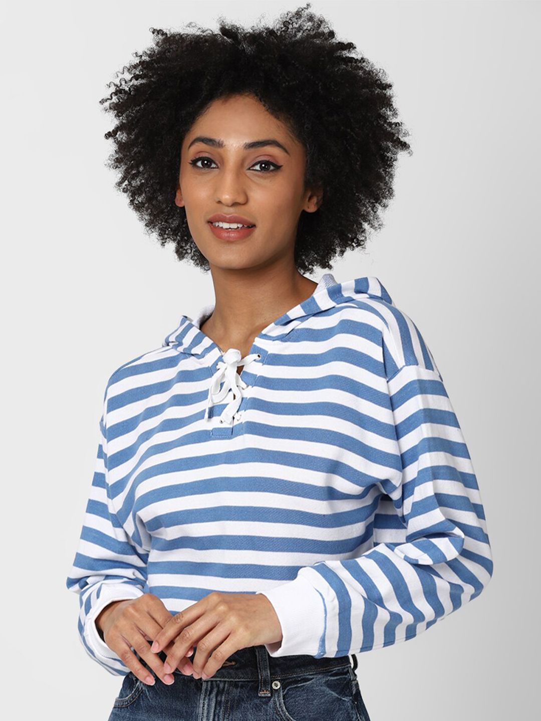 FOREVER 21 Women Blue & White Striped Drop-Shoulder Sleeves Hooded Crop Sweatshirt Price in India