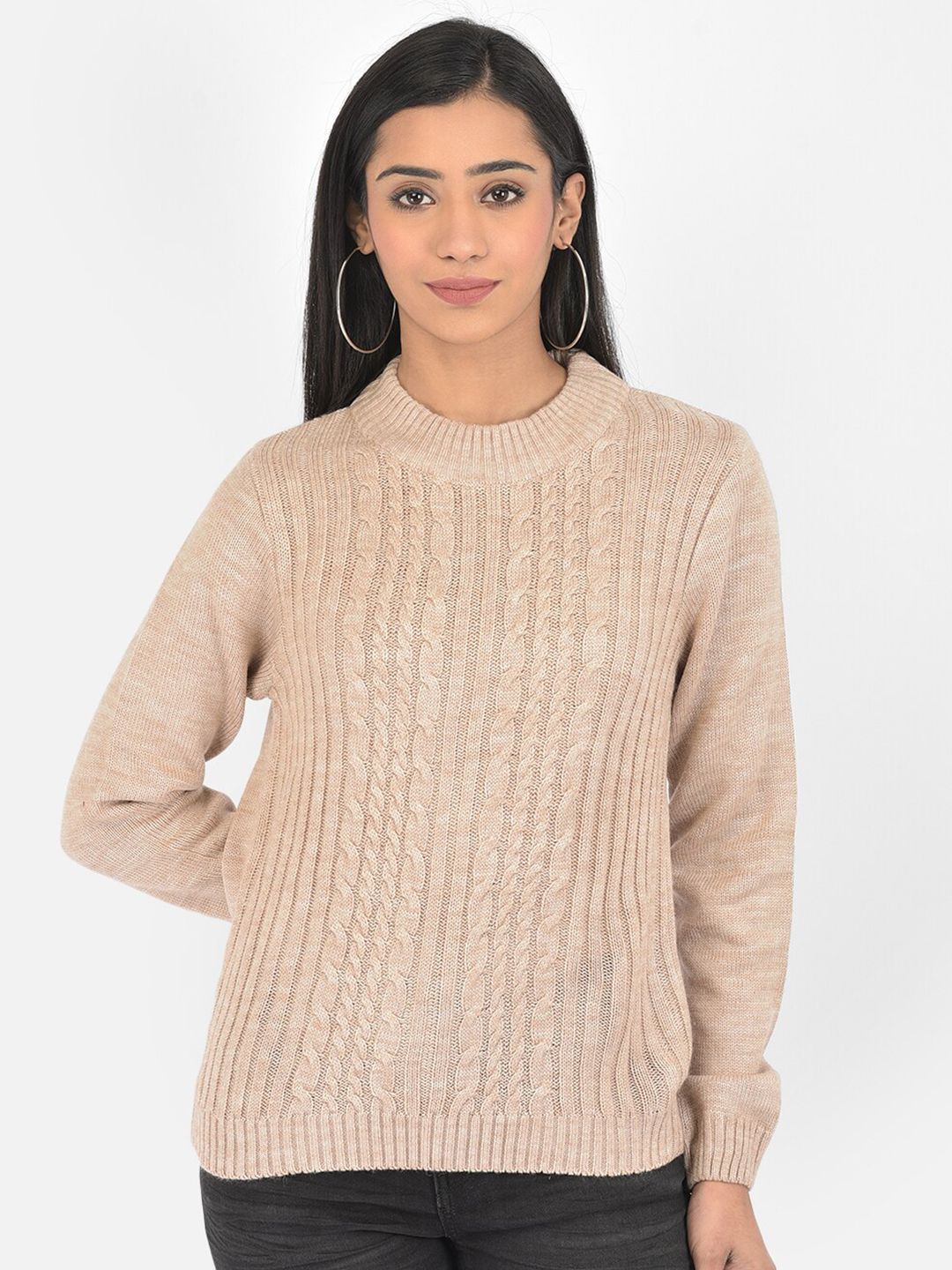 Latin Quarters Women Beige Cable Knit Full Sleeve Pullover Sweater Price in India