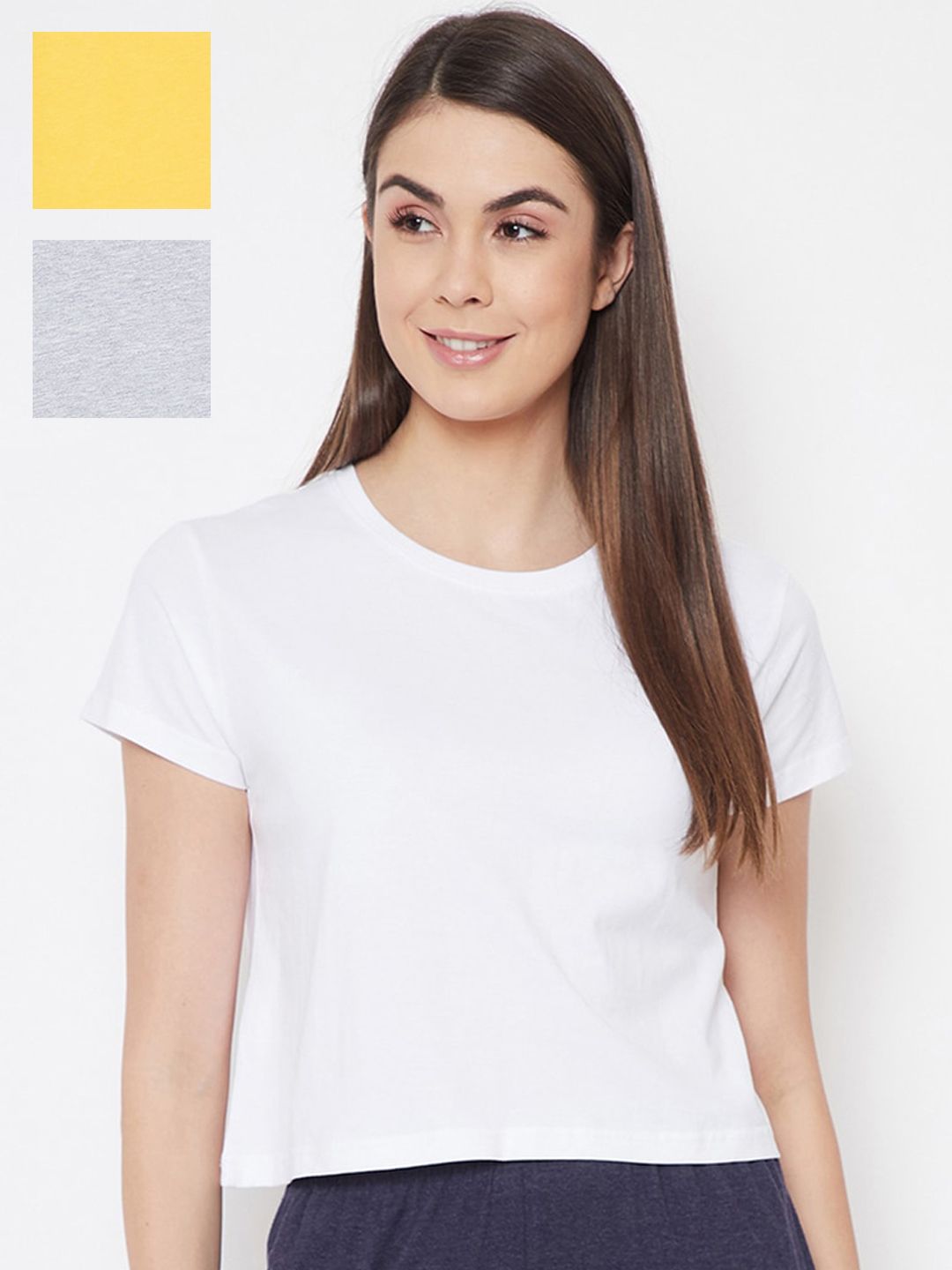 Clovia Pack Of 3 Women White & Yellow Solid Crop Lounge T-Shirts Price in India