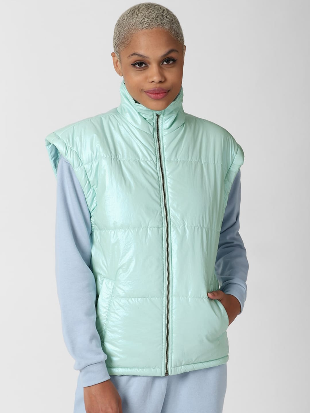 FOREVER 21 Women Sea Green Solid Half Sleeve Padded Jacket Price in India