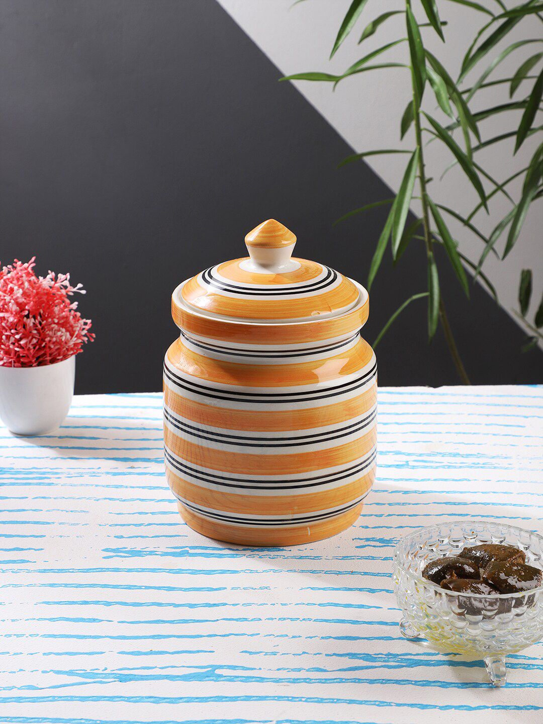 CDI Orange & Black Textured Handcrafted Ceramic Jar With Lid Price in India