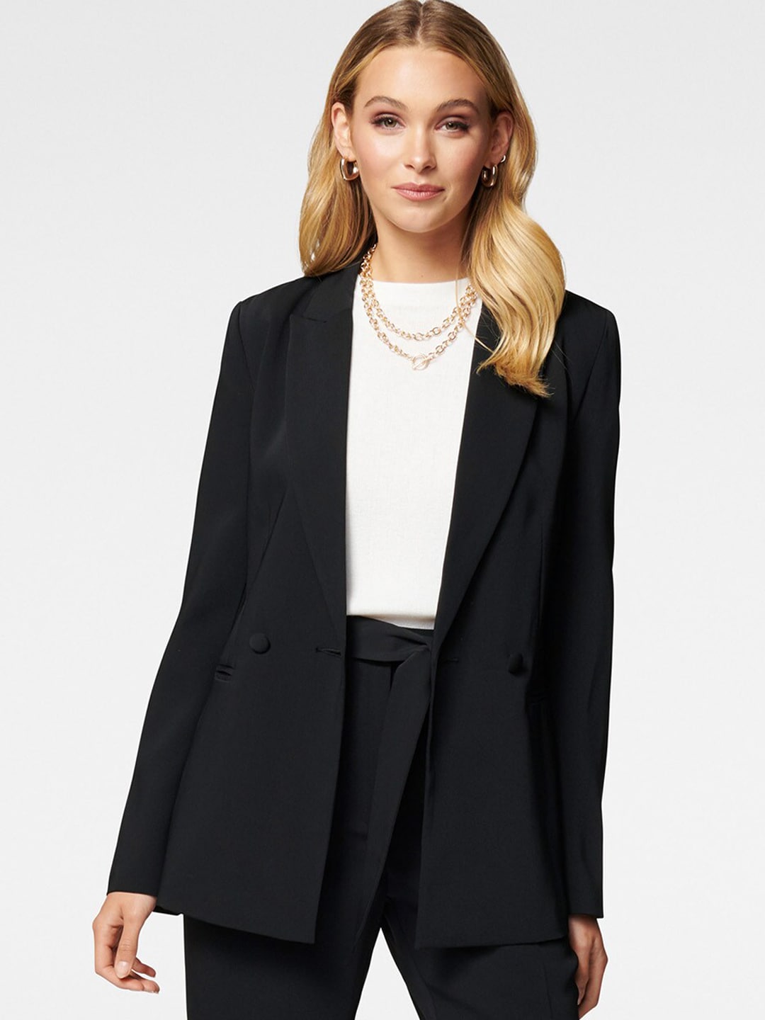 Forever New Women Black Double Breasted Tailored-Fit Blazer Price in India
