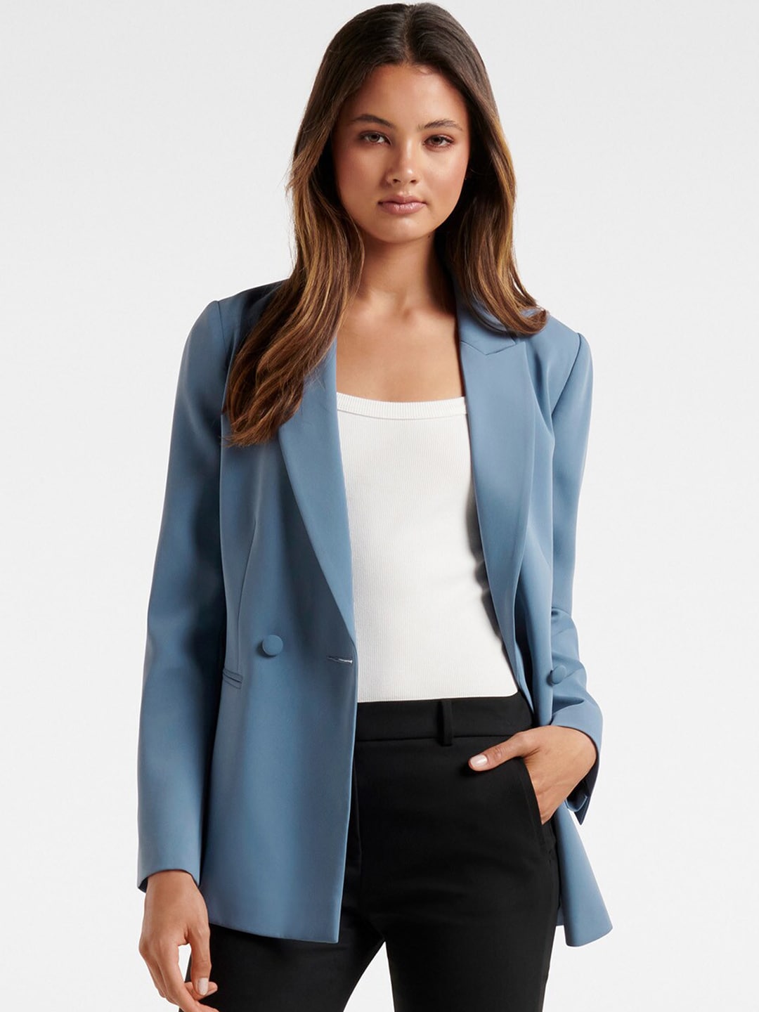 Forever New Women Blue Solid Double-Breasted Casual Blazer Price in India