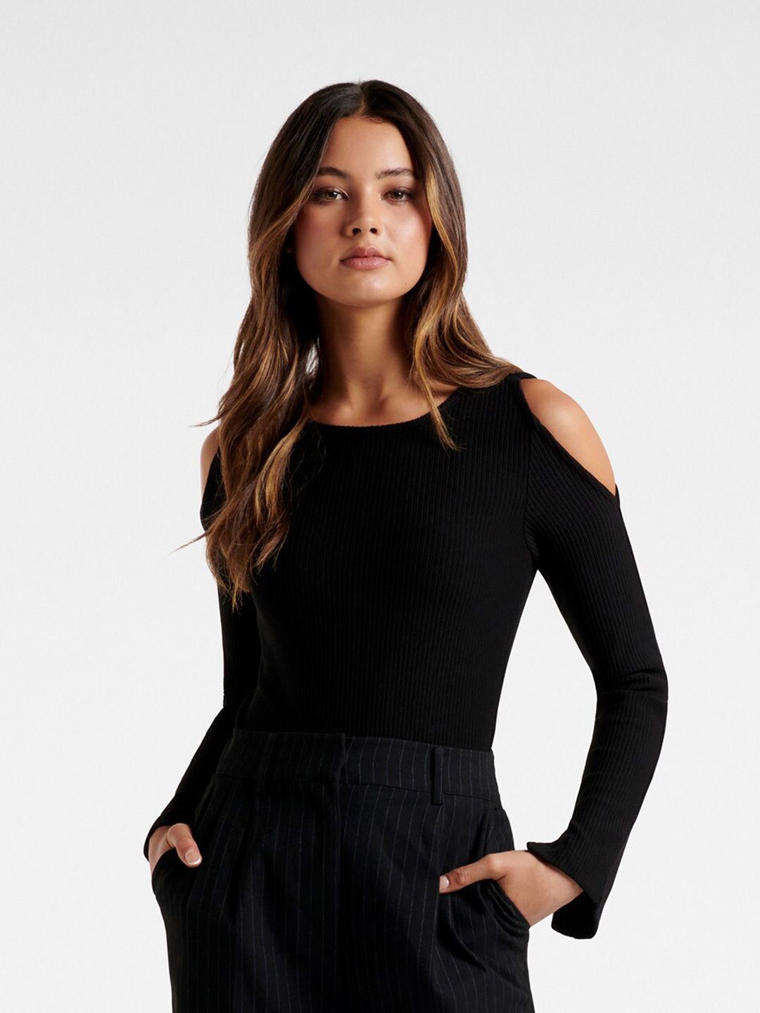 Forever New Women Black Ribbed Cold Shoulder Sleeves Top Price in India
