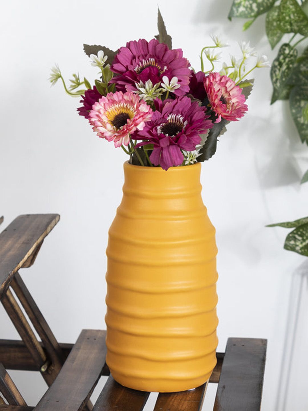 MARKET99 Yellow Textured Ceramic Flower Vase Price in India