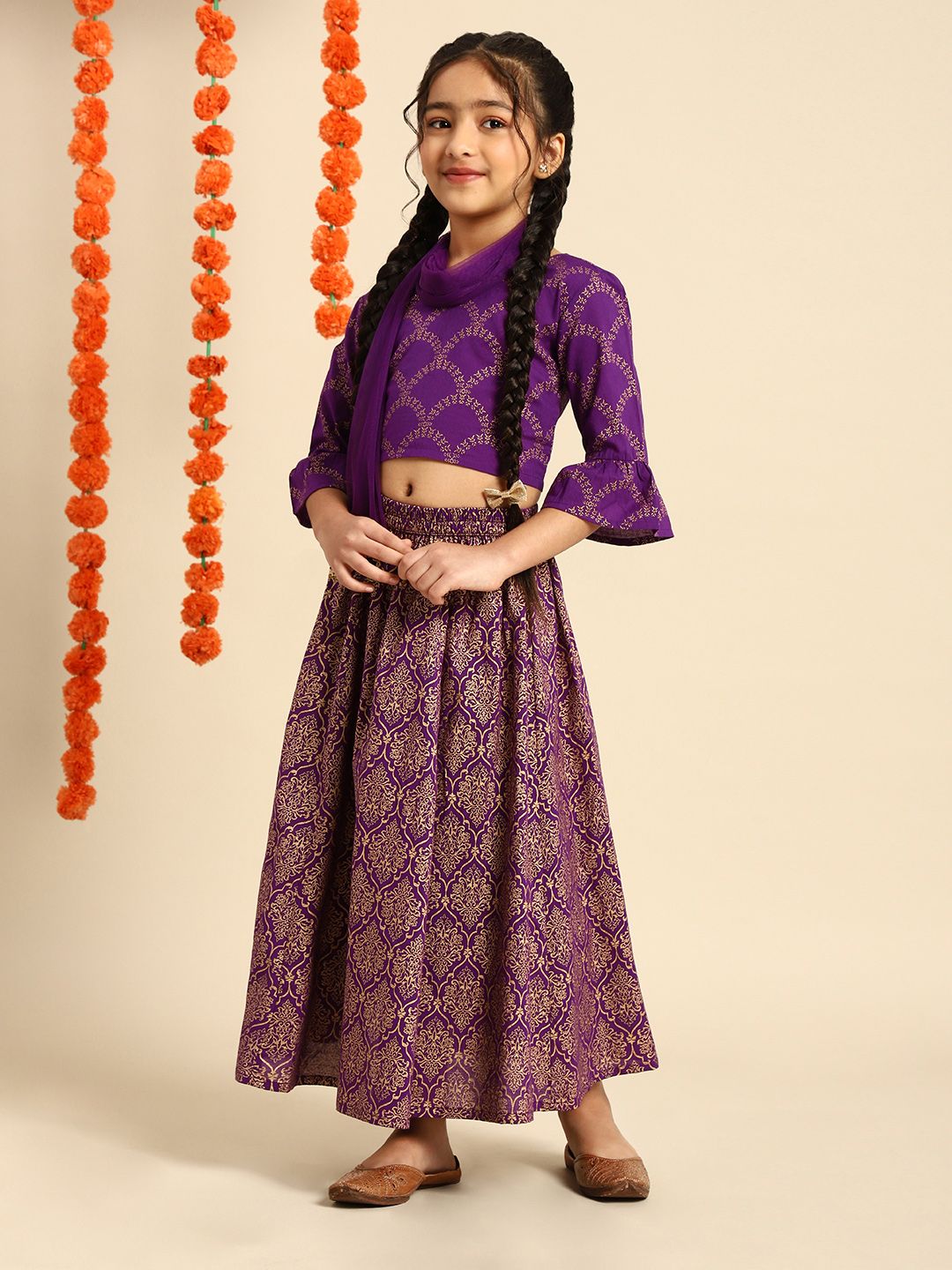 House of Pataudi Girls Purple Printed Ready to Wear Lehenga & Blouse With Dupatta Price in India